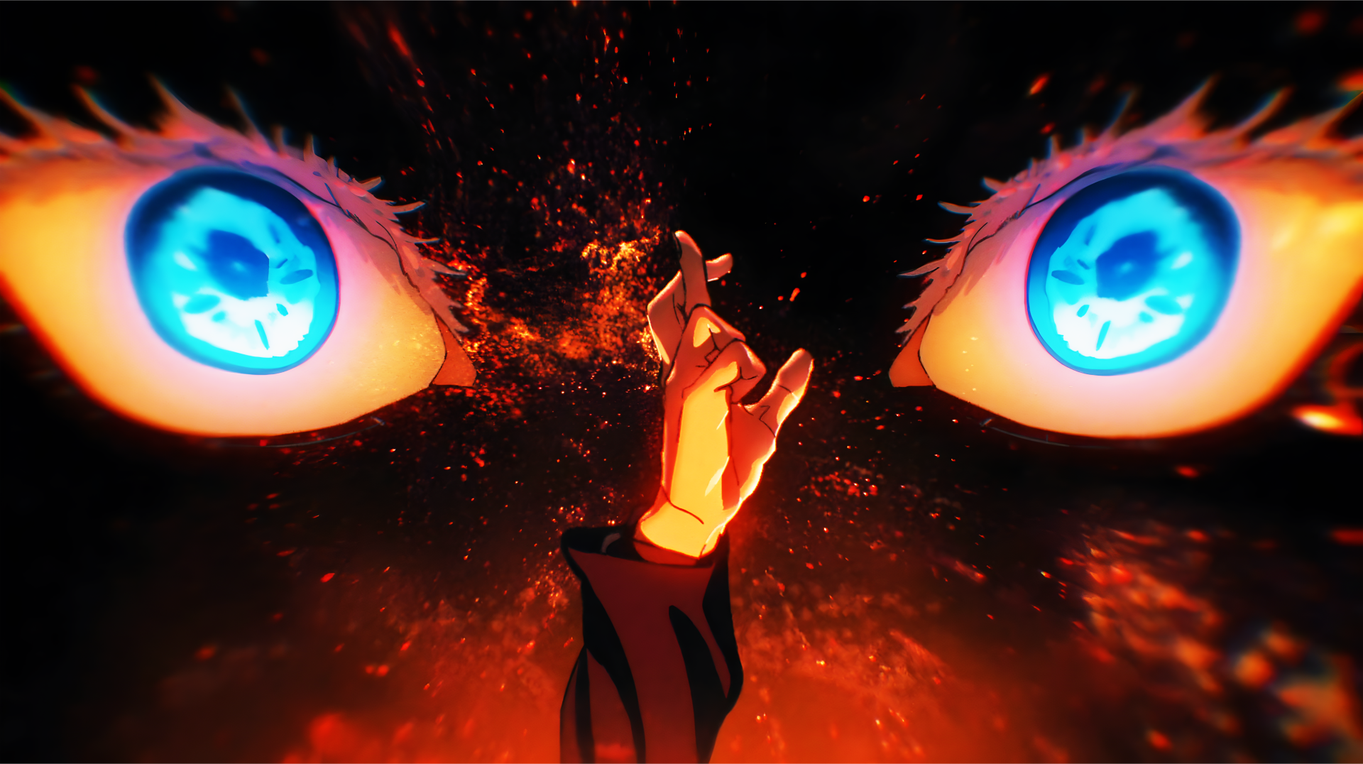 5K Ultra HD PC desktop wallpaper: a hand reaches through embers toward two glowing blue eyes in darkness, vivid orange sparks and molten lighting.