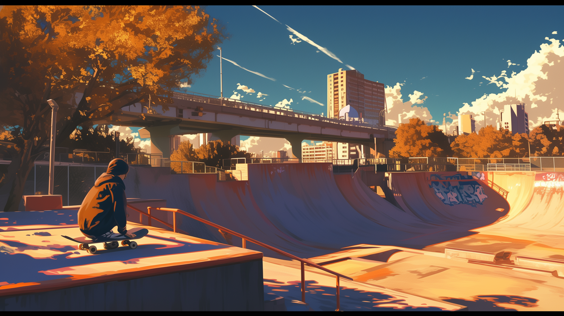 Skateboarder silhouette at sunrise in skate park HD desktop wallpaper.