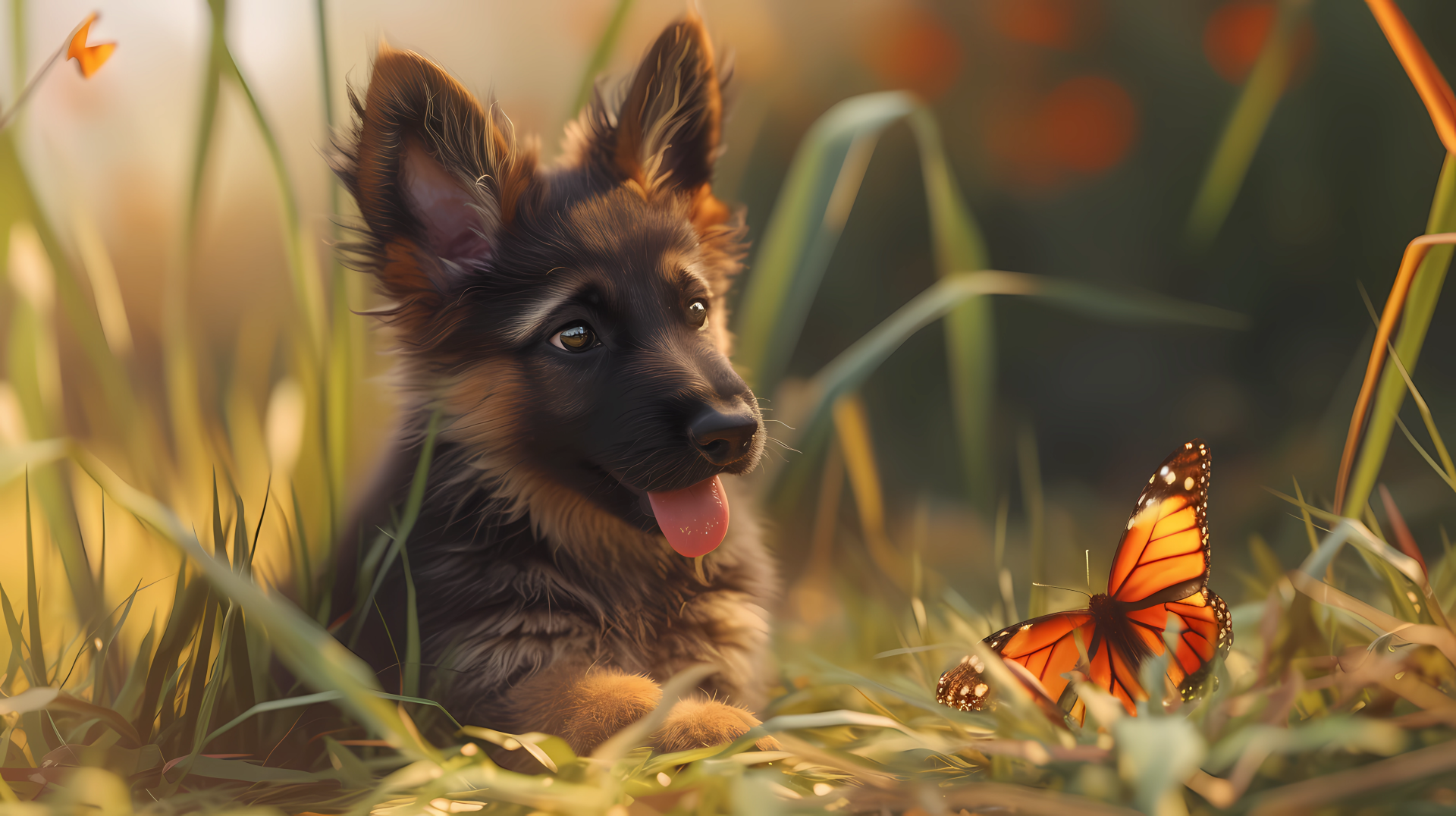 A cute German Shepherd puppy joyfully watches a butterfly in a sunlit grassy field, creating a delightful HD desktop wallpaper scene.