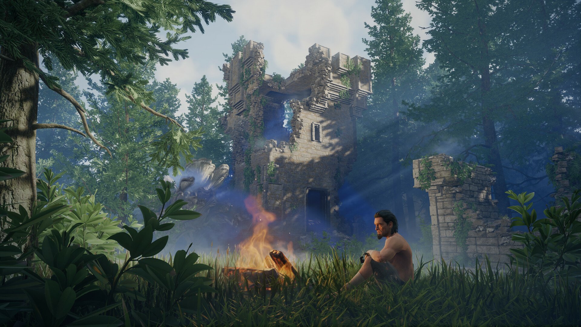 Enshrouded video game HD wallpaper featuring a serene campfire scene with a character sitting amidst lush greenery and ancient ruins in the background.