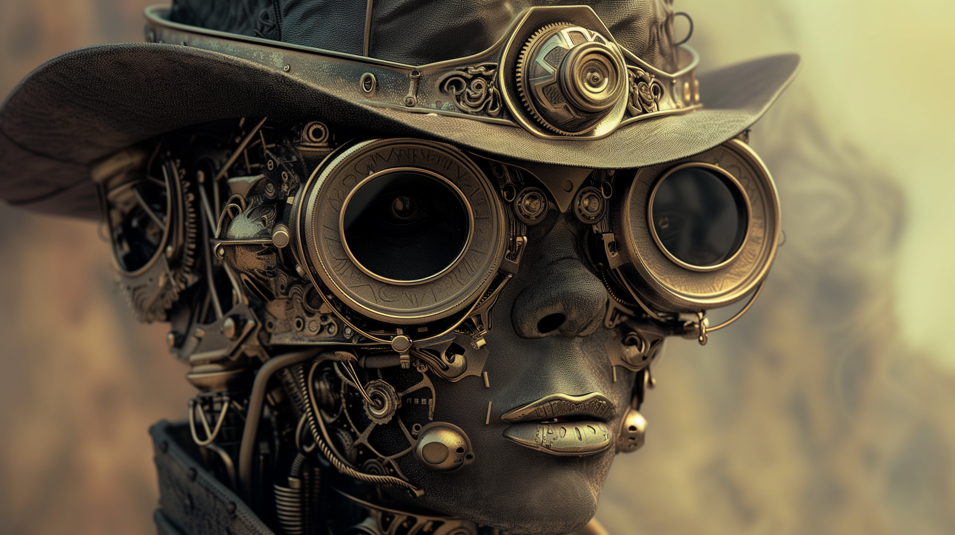 Steampunk-inspired portrait wallpaper featuring an individual with intricate mechanical facial details and goggles.