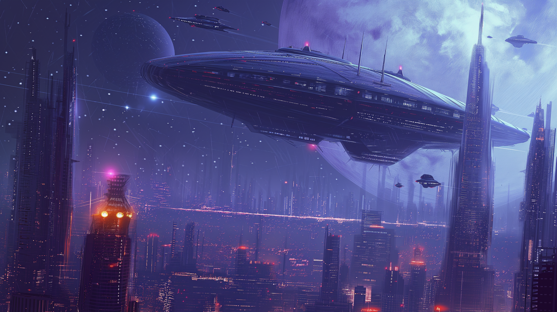 Futuristic sci-fi cityscape with a large spaceship hovering above, set as HD desktop wallpaper and background, tagged with Sci-Fi, spaceship, and sci-fi city.