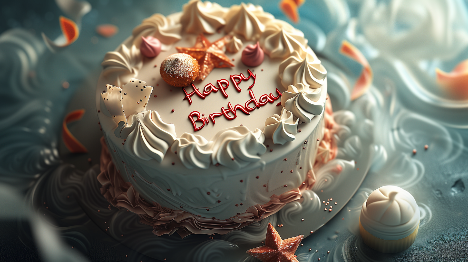 A beautifully decorated birthday cake with swirls of frosting and festive toppings, featuring Happy Birthday written in red, set against an elegant blue background.