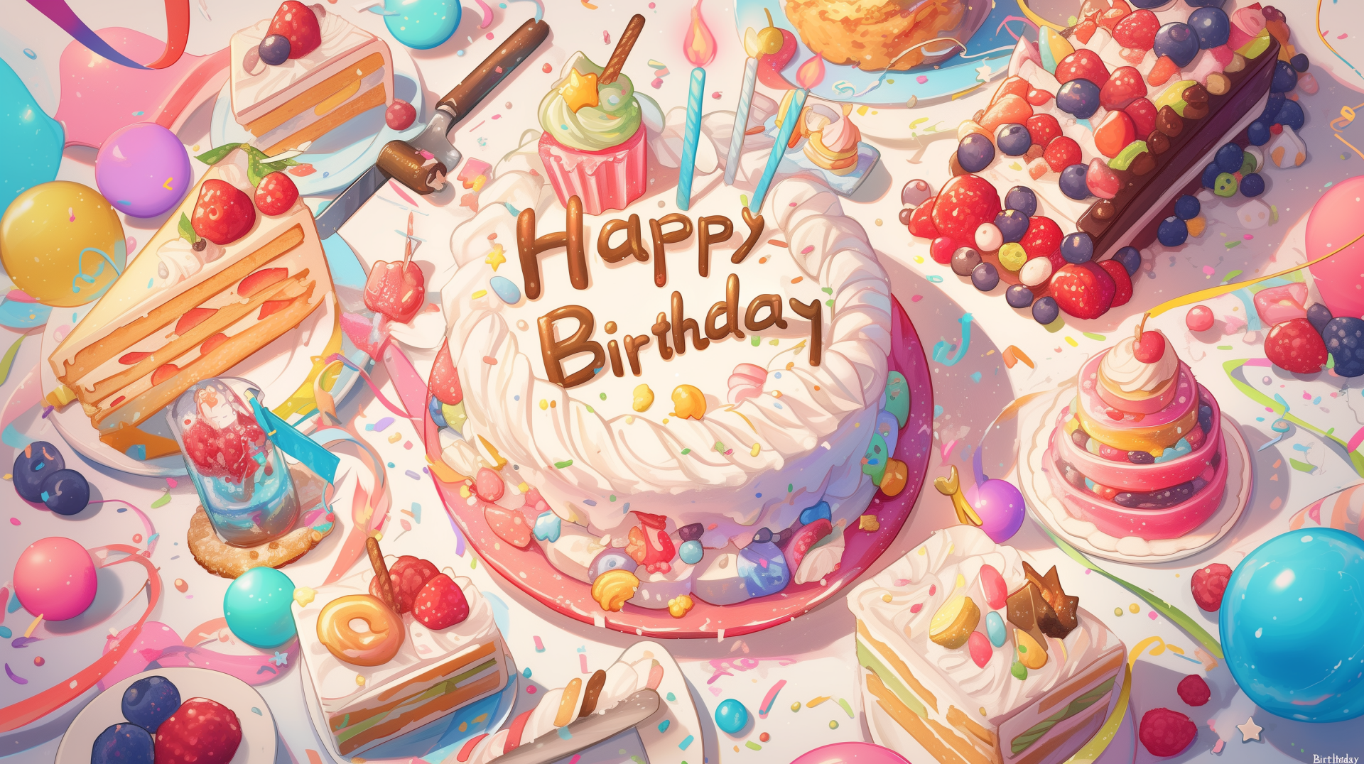 Colorful birthday cake scene featuring a cake topped with candles and Happy Birthday written on it, surrounded by various desserts and festive decorations. Perfect HD desktop wallpaper.
