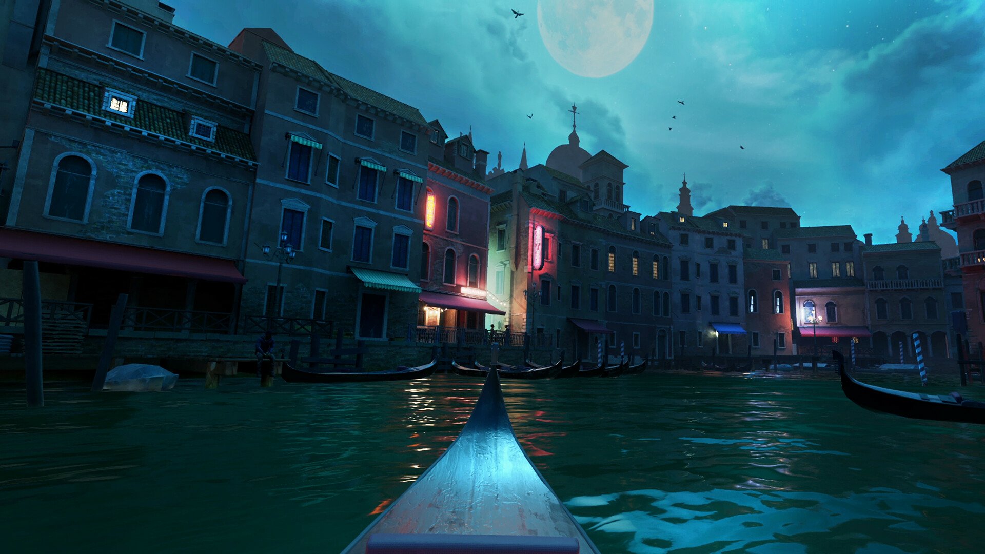 HD wallpaper of Vampire: The Masquerade - Justice video game featuring a nocturnal Venice canal scene with a full moon.