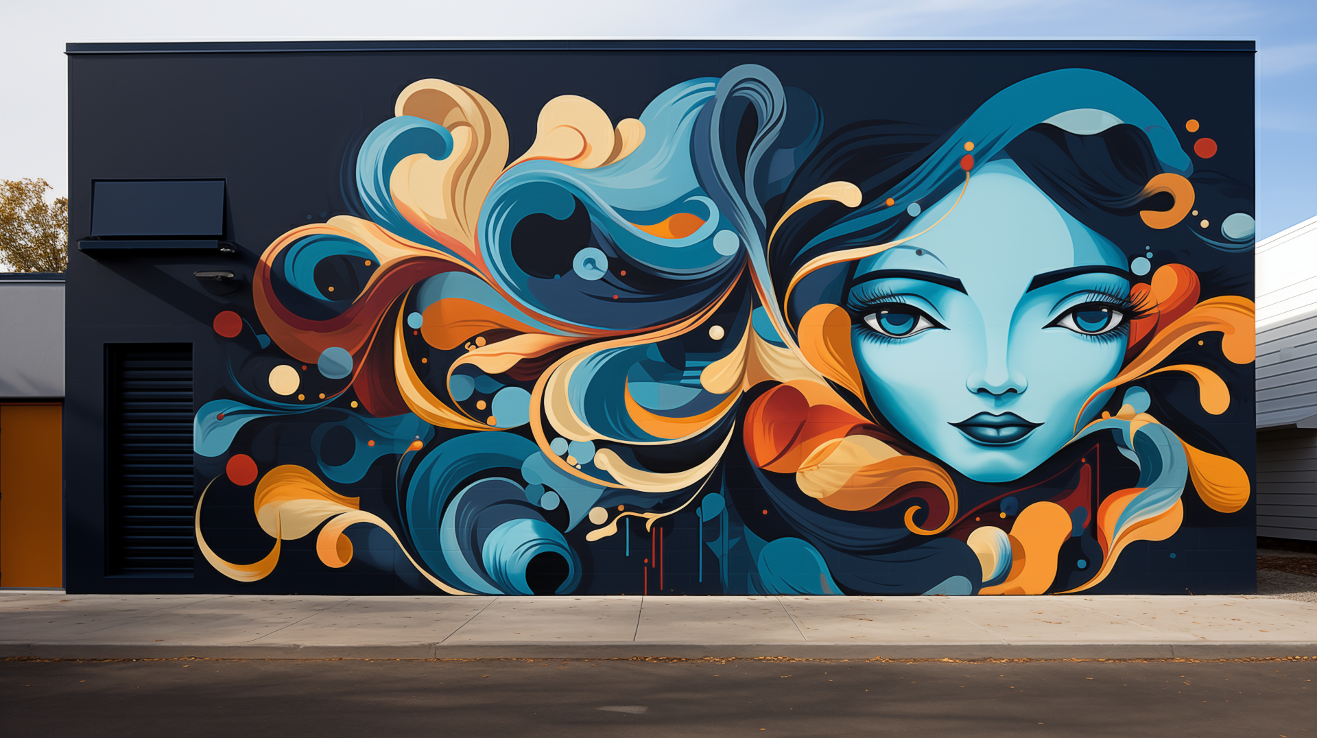 Colorful urban mural of a stylized woman's face with flowing hair as an artistic HD desktop wallpaper.