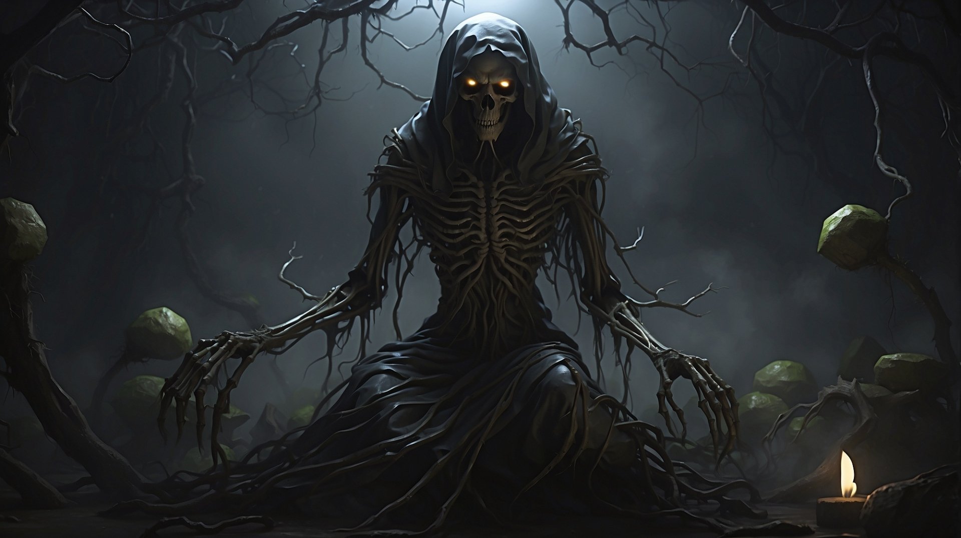 A dark, scary entity resembling a skeletal monster crouches in a shadowy forest, its glowing eyes piercing the night in this HD PC desktop wallpaper.