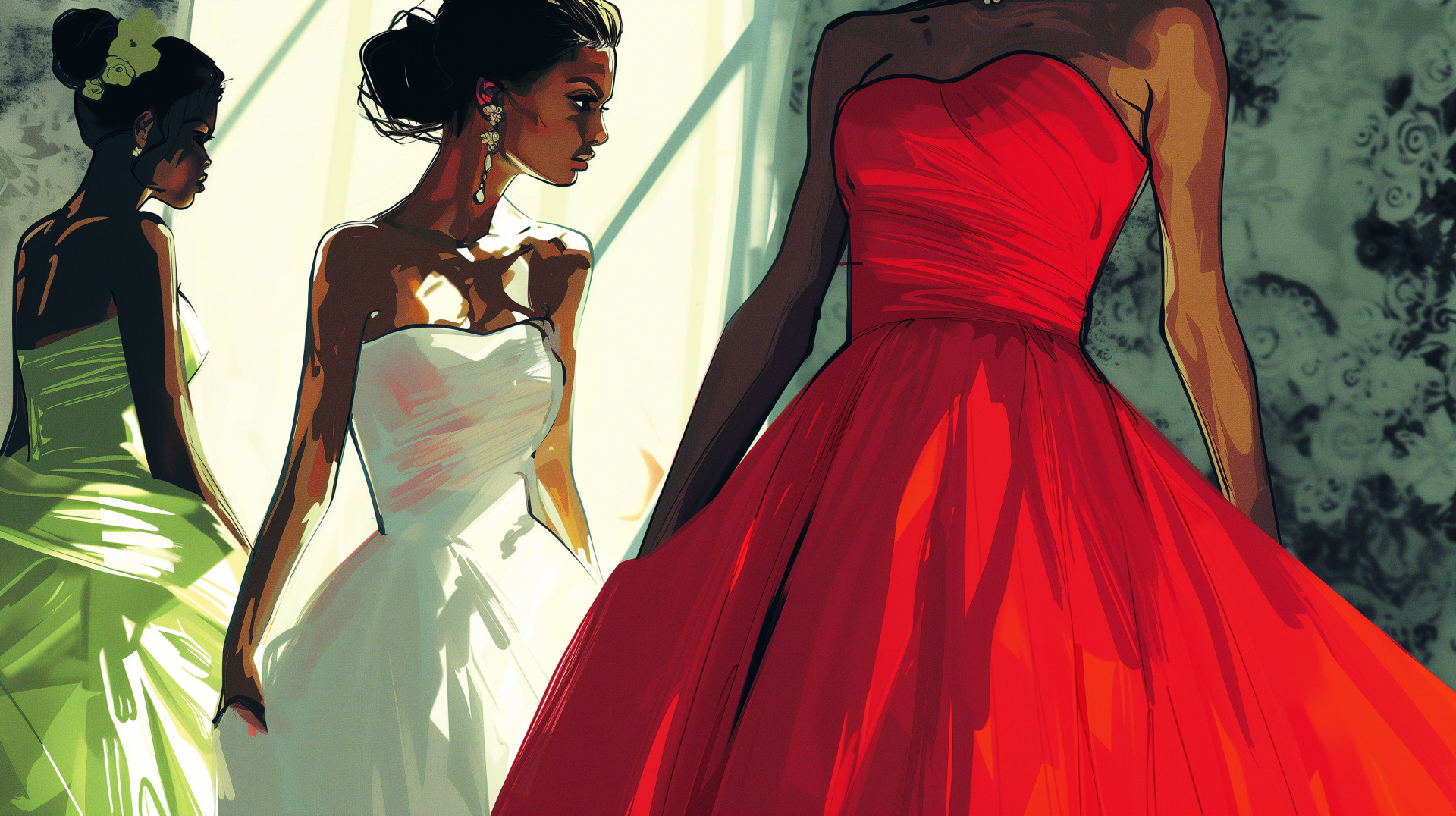 A vibrant HD wallpaper featuring elegantly designed bridesmaid dresses, showcasing a striking red gown alongside other beautiful styles in a bright, artistic setting.