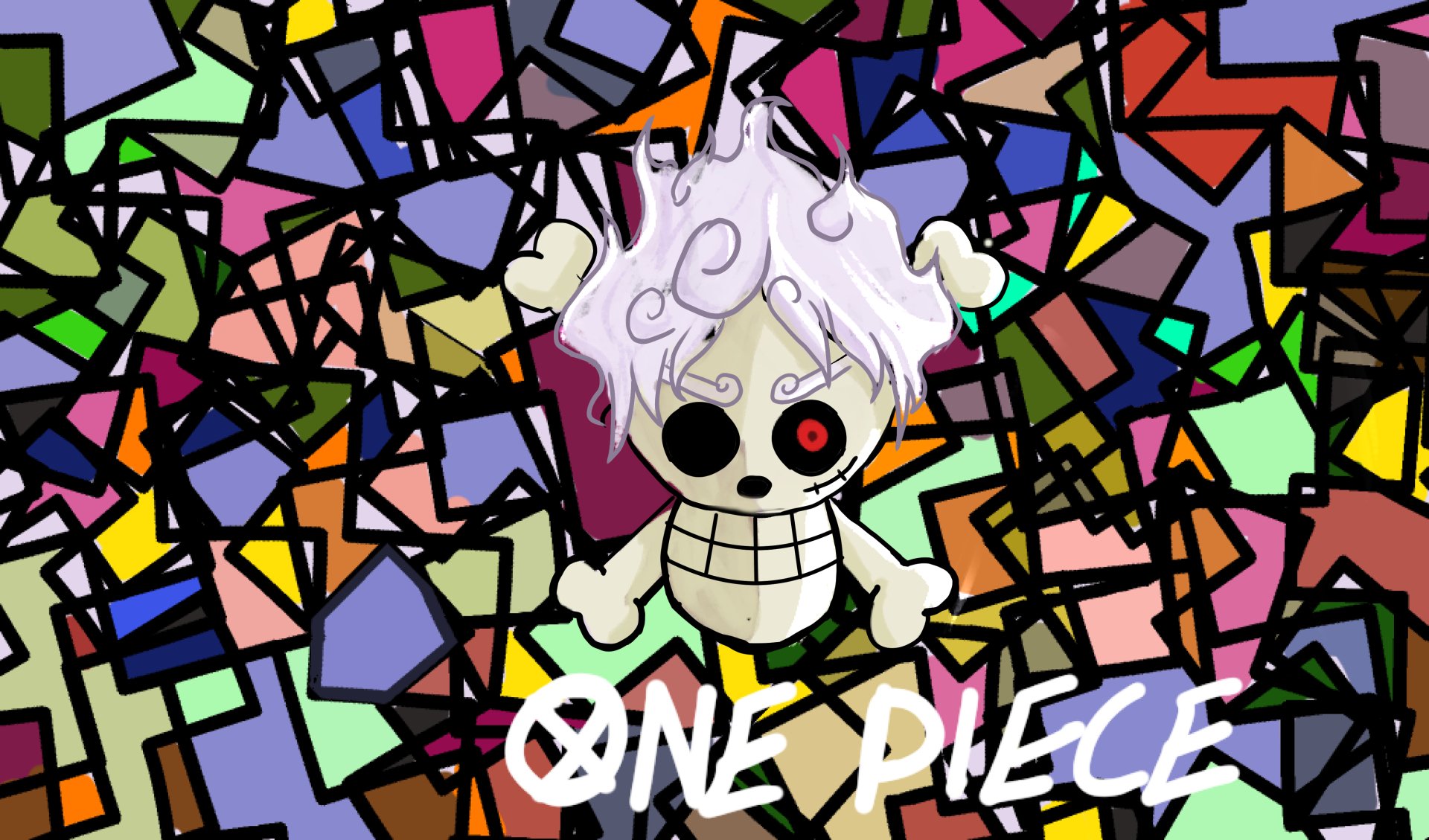 Colorful, abstract stained-glass-style background featuring a chibi skull emblem with one red eye and the text One Piece in white, rendered as a 4K Ultra HD PC desktop wallpaper.
