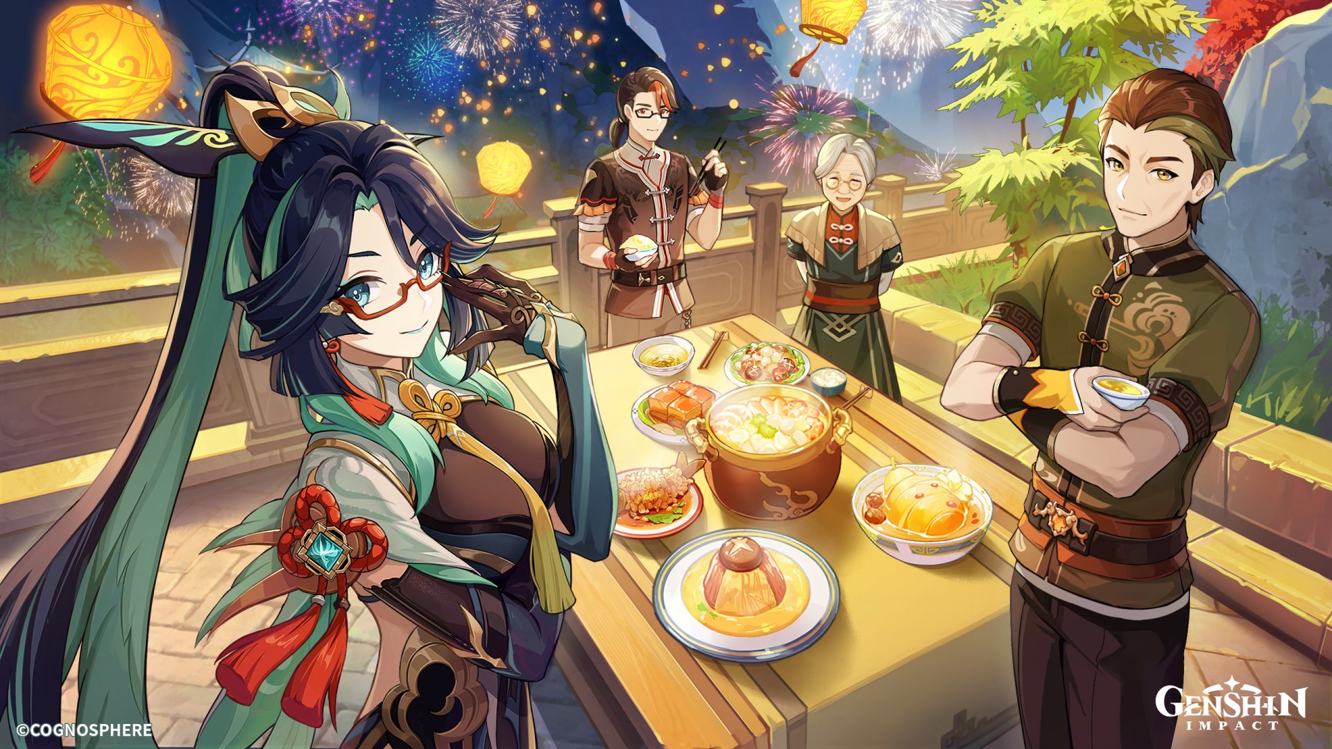 HD PC wallpaper featuring Xinyan, Madame Ping, and other characters from Genshin Impact enjoying a festive outdoor feast under glowing lanterns at night.