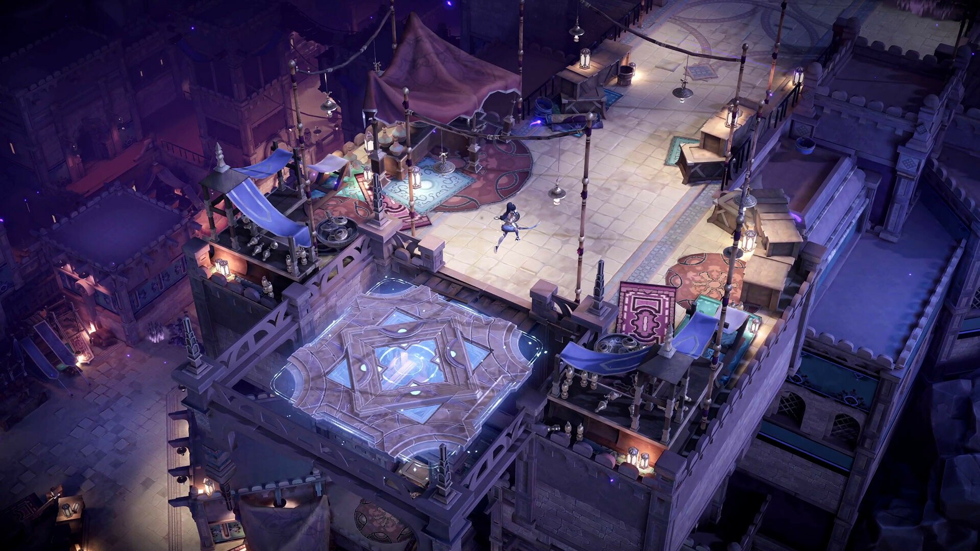 HD wallpaper of Lysfanga: The Time Shift Warrior video game featuring a vibrant night-time scene in a bustling town square.