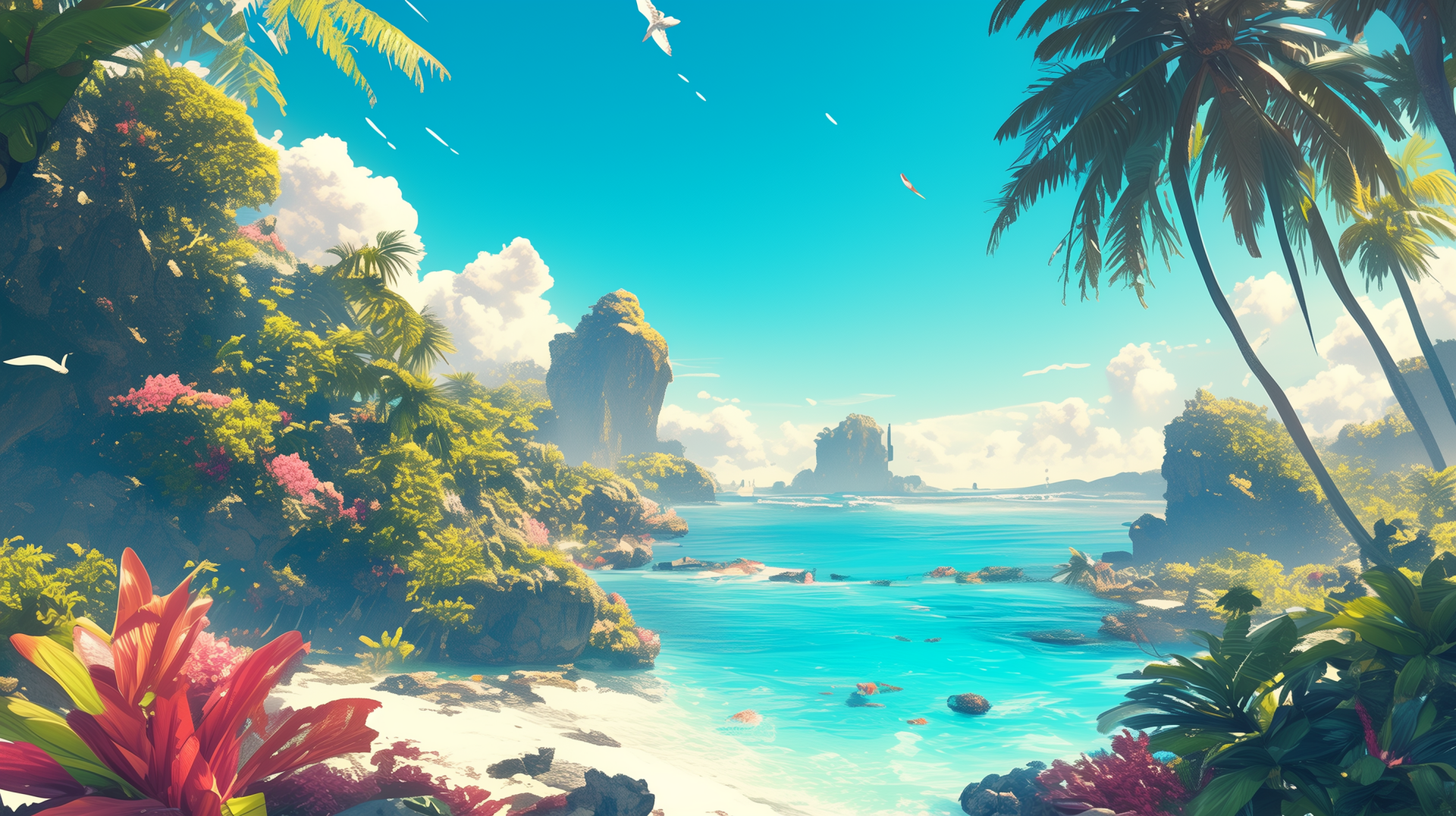 HD wallpaper of a tropical island paradise with clear blue waters, lush palm trees, and vibrant flora for desktop background.