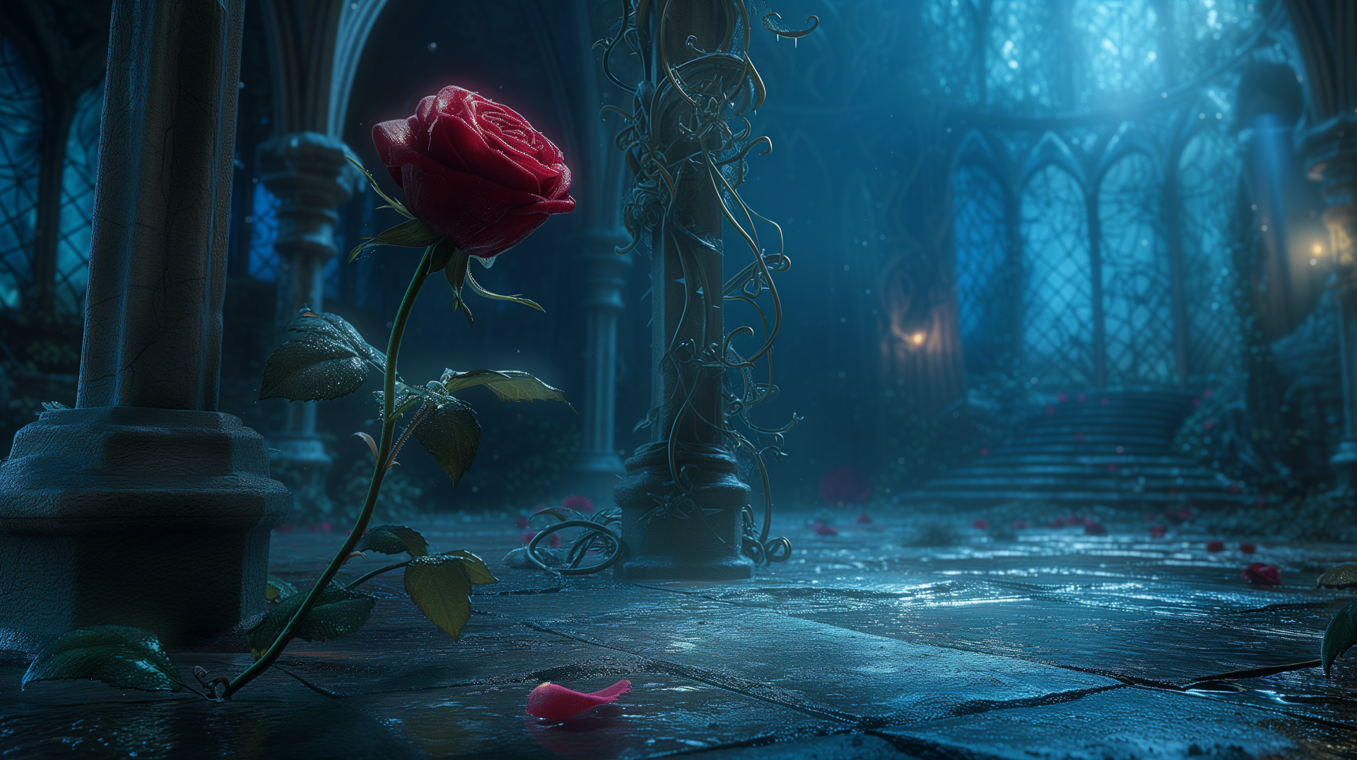 A breathtaking HD wallpaper featuring a single red rose amidst an enchanted setting, surrounded by lush nature and intricate details of a mystical, dimly lit environment.