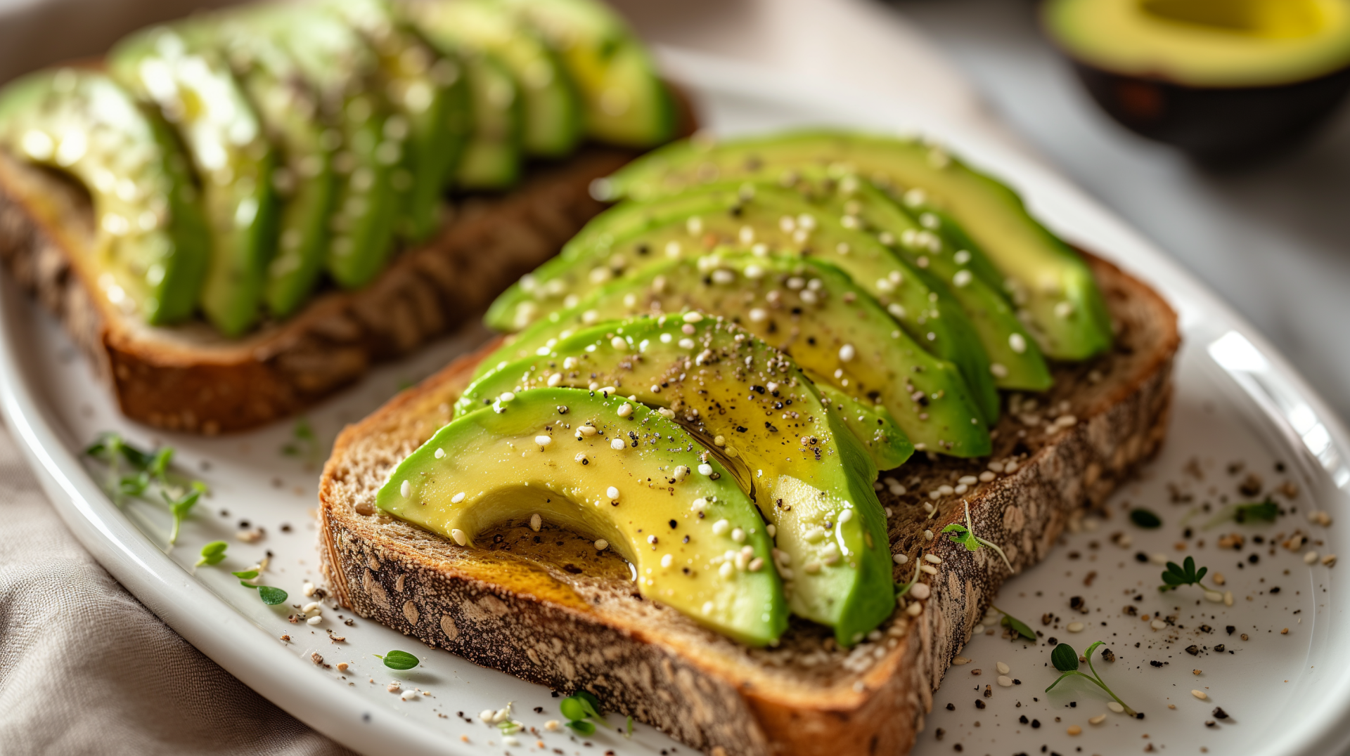 HD wallpaper featuring a delicious avocado toast, perfectly ripe avocado slices on toasted bread, garnished with herbs and spices.