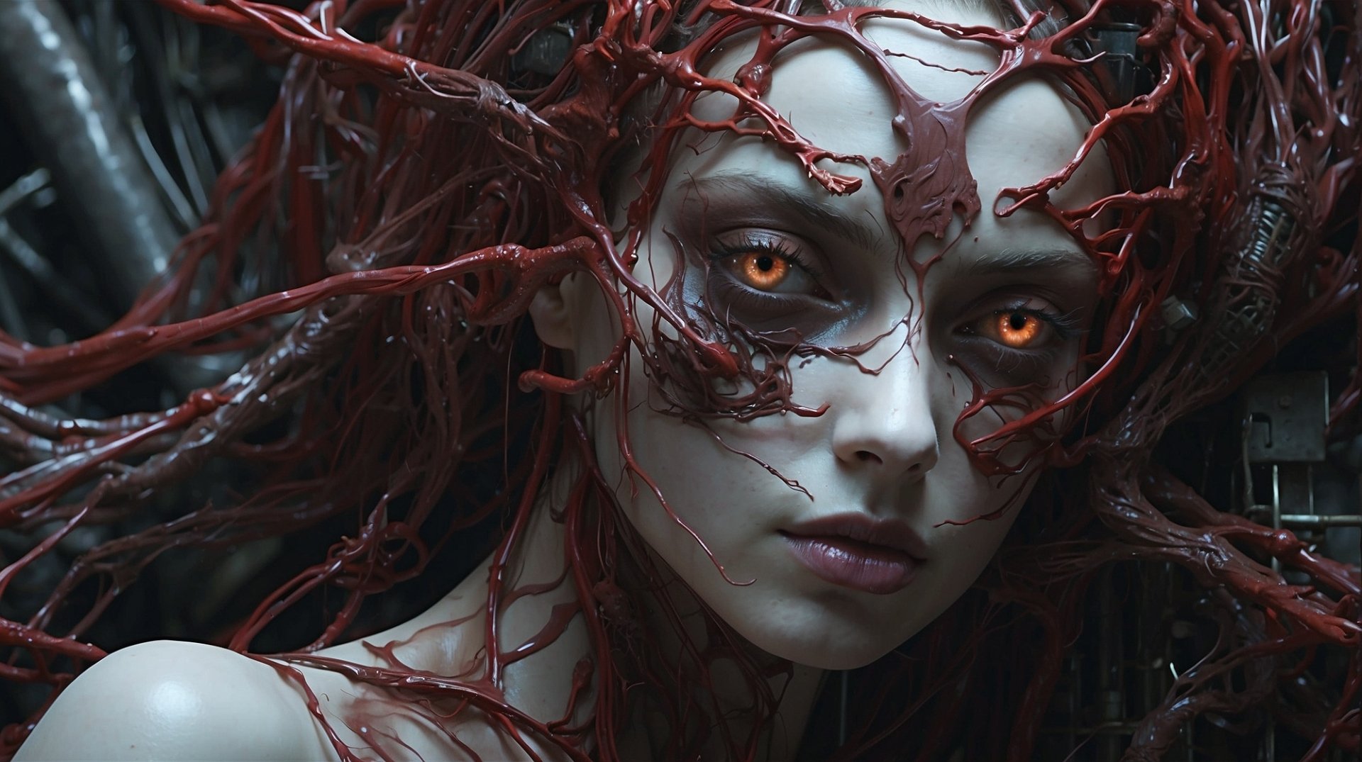 HD desktop wallpaper depicting a dark, nightmarish creature with glowing eyes and devilish red veins wrapping around a pale face, evoking a scary, supernatural vibe.
