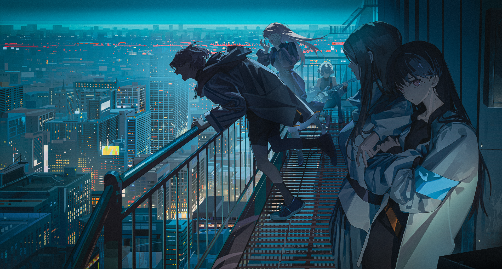 Night scene of people standing and leaning on a building balcony overlooking a vibrant cityscape, rendered in detailed 4K Ultra HD for PC desktop wallpaper.