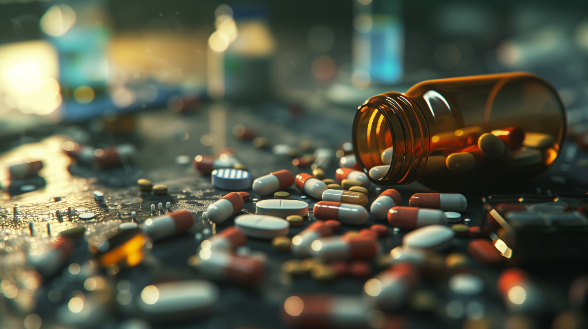 HD wallpaper featuring an assortment of scattered pills and a tipped-over medicine bottle, symbolizing healthcare and pharmaceuticals.