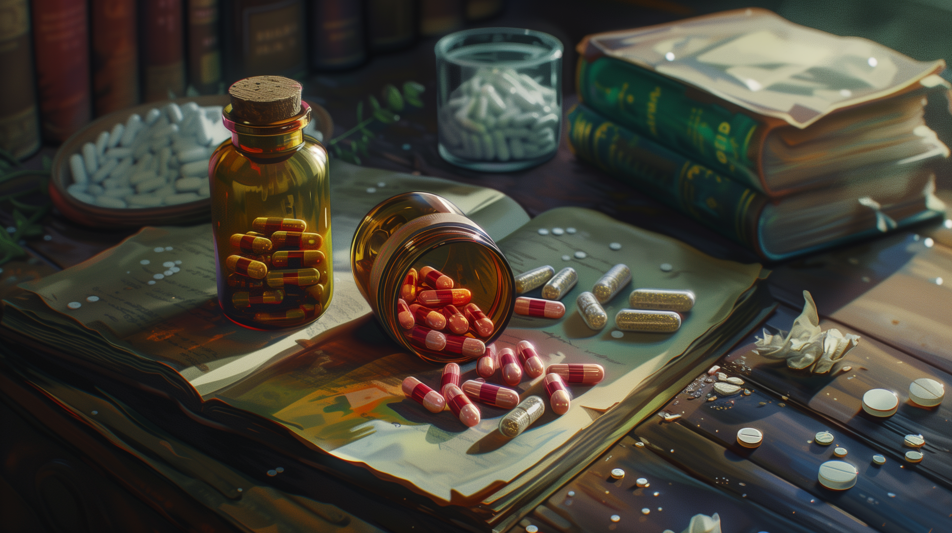 HD wallpaper featuring a collection of medicine pills scattered on an open book with more pills in glass jars and books in the background, illustrating a pharmaceutical or medical theme.