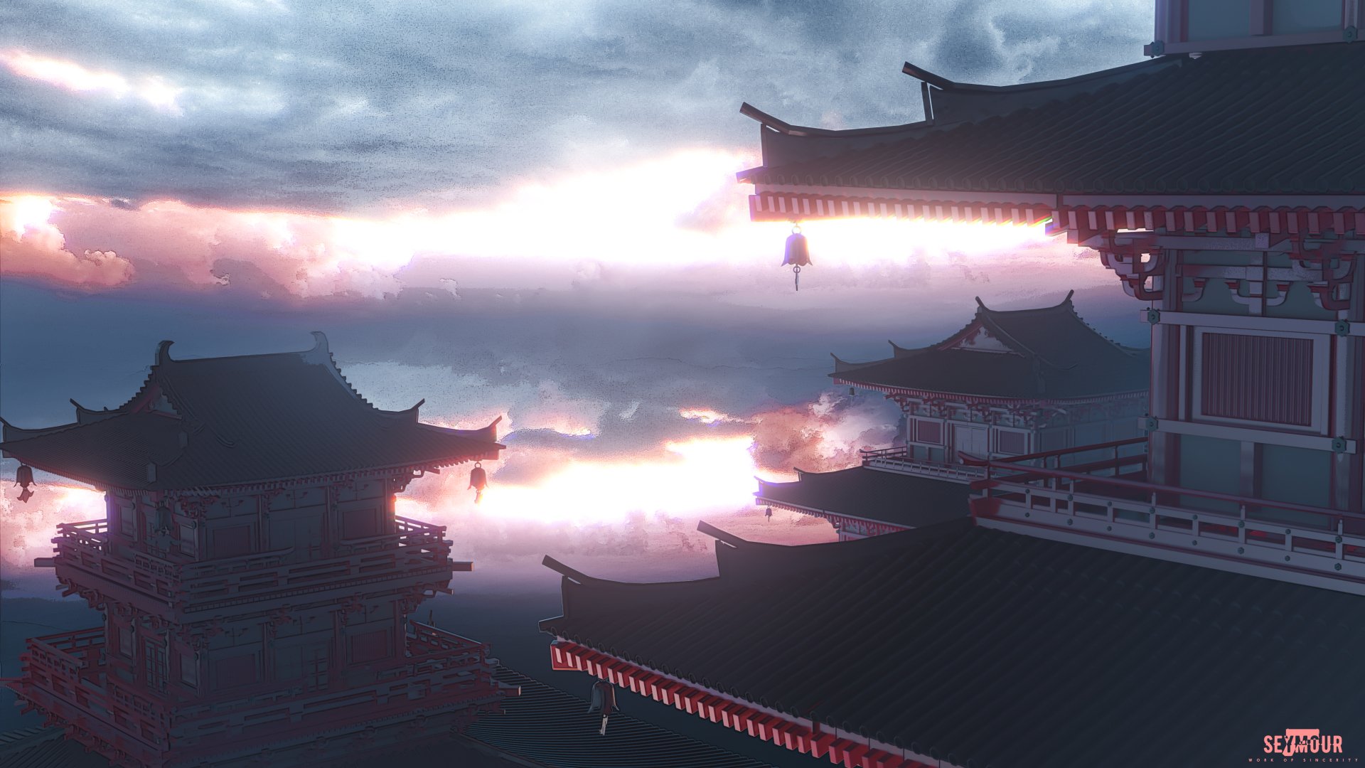 A stunning 4K Ultra HD wallpaper featuring a fantasy Japanese temple floating among clouds, evoking a serene heavenly atmosphere.