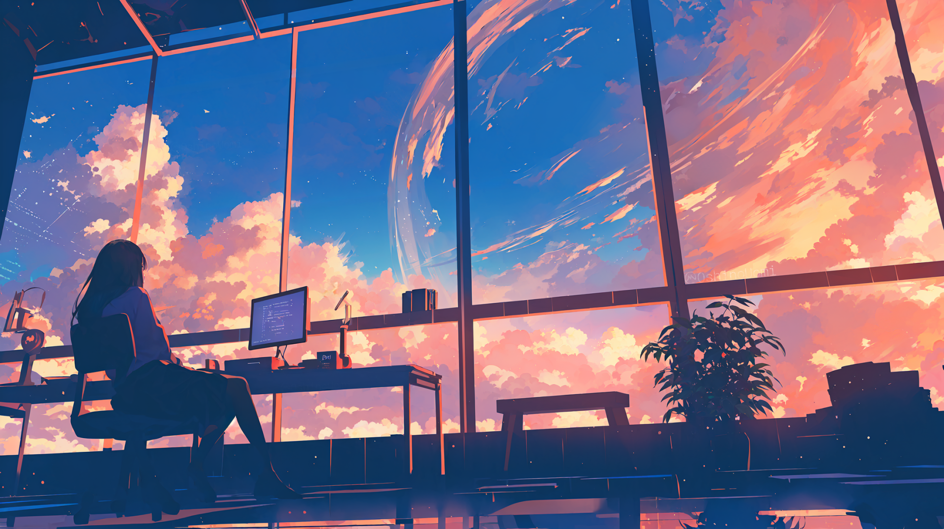 A girl sits in a chair by a window, gazing at a vibrant sky filled with clouds and a distant planet, creating a captivating HD desktop wallpaper scene.