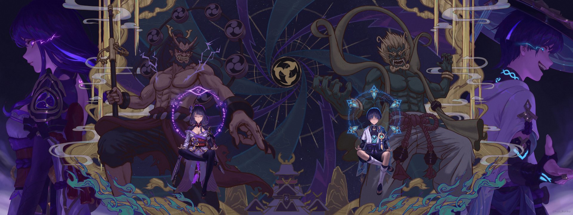 HD PC desktop wallpaper featuring Baal Raiden Shogun and Scaramouche from Genshin Impact with a dynamic, mystical background.