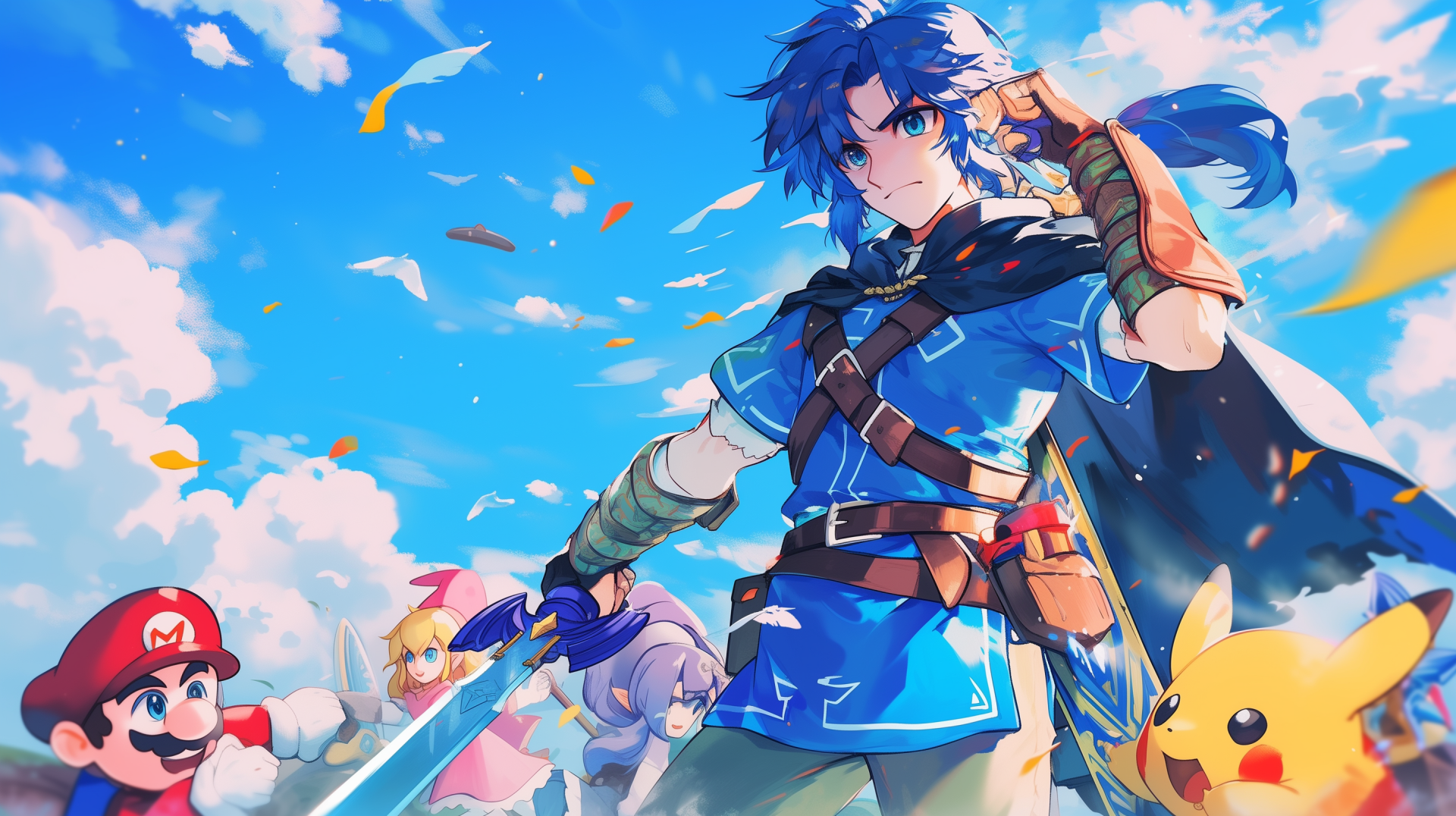 Super Smash Bros. HD wallpaper featuring iconic characters like Mario, Pikachu, and others against a vibrant blue sky backdrop.