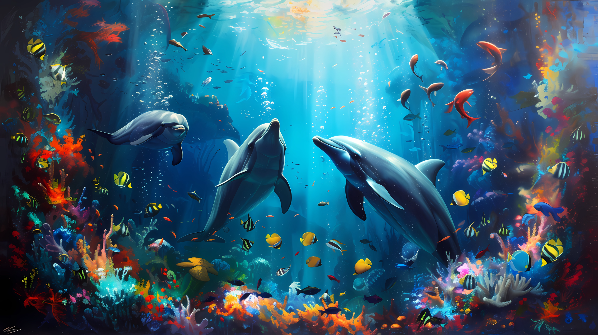 HD desktop wallpaper featuring dolphins swimming in a vibrant, colorful underwater scene with sun rays filtering through the water.