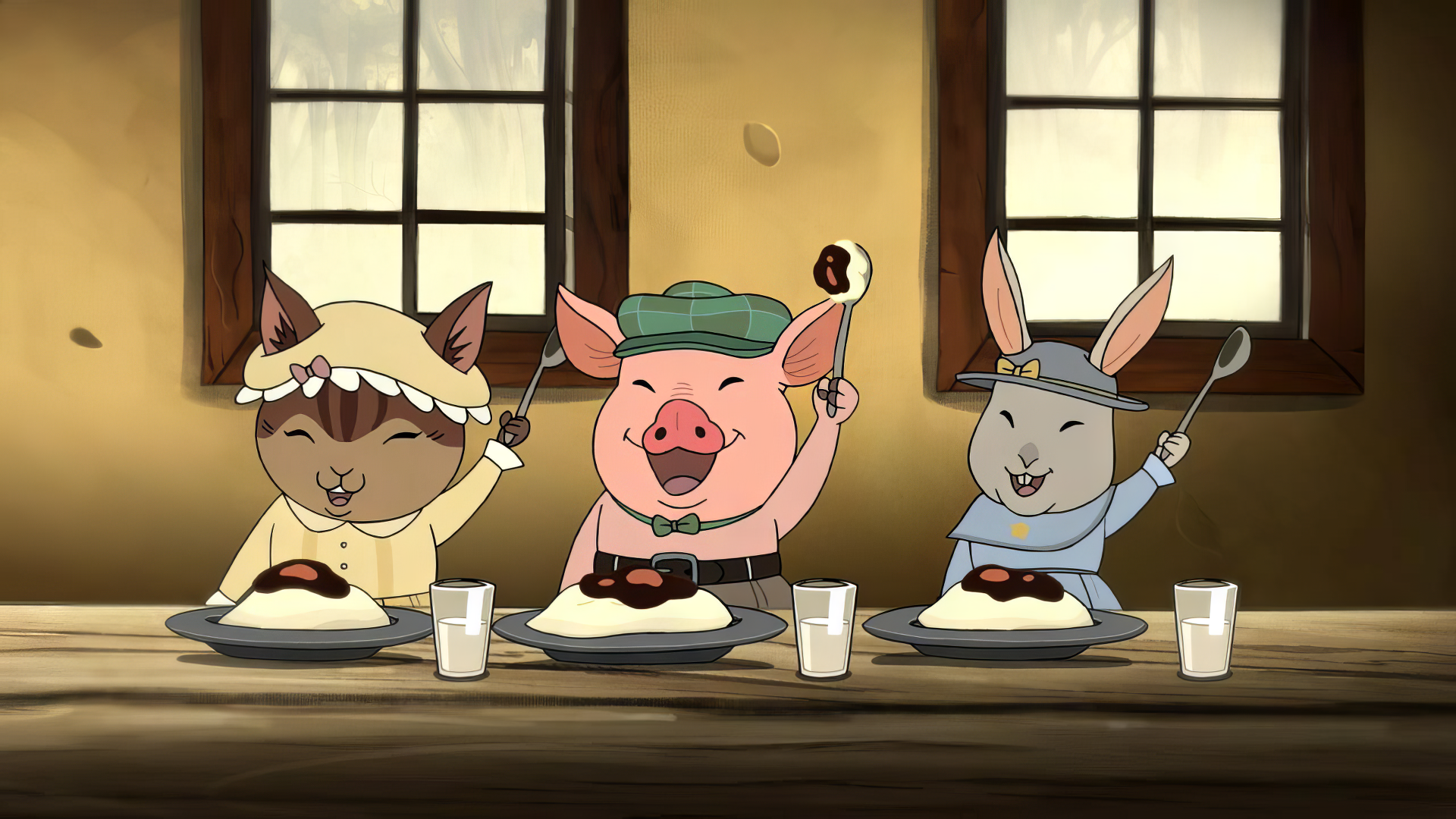 HD desktop wallpaper featuring characters from the TV show Over the Garden Wall, with a pig, cat, and rabbit enjoying a meal together.