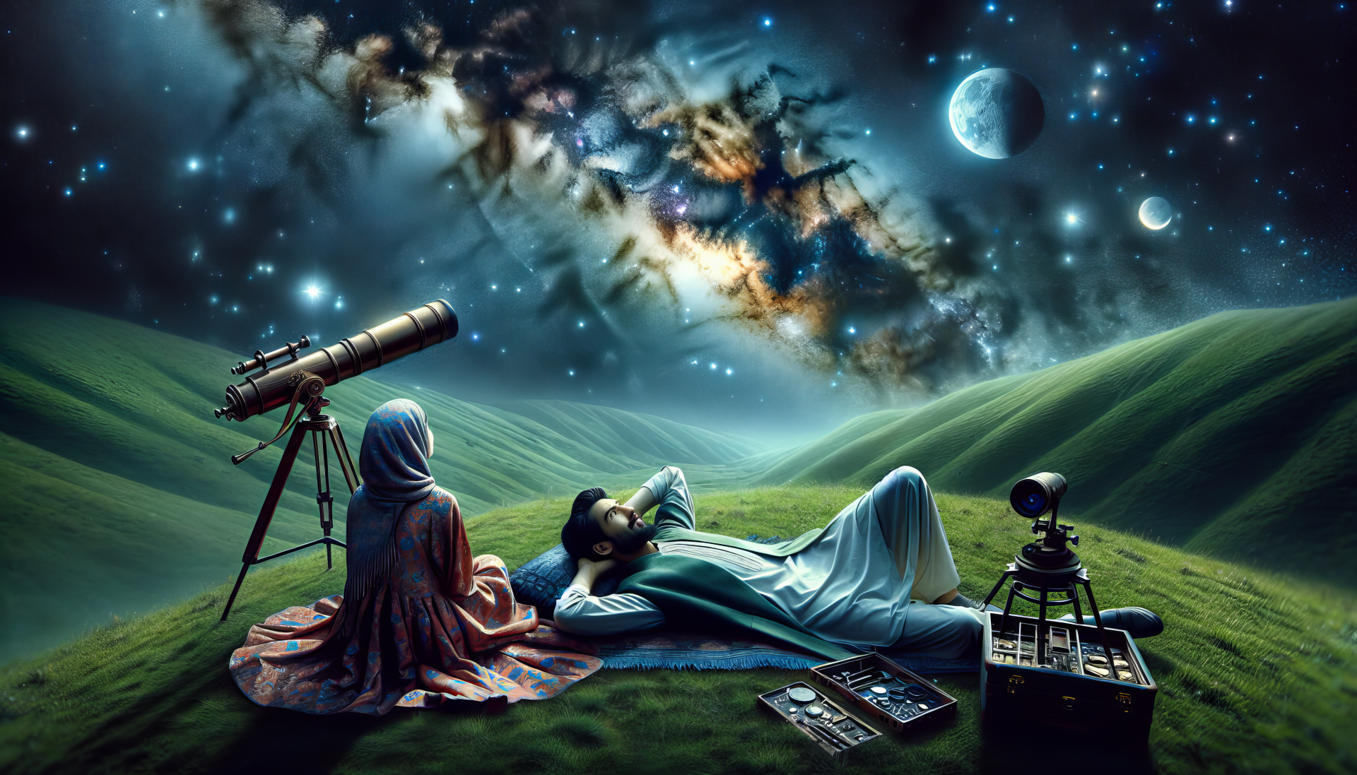 HD desktop wallpaper featuring two people stargazing on a lush green hill with a telescope, under a vibrant night sky with stars and a moon.