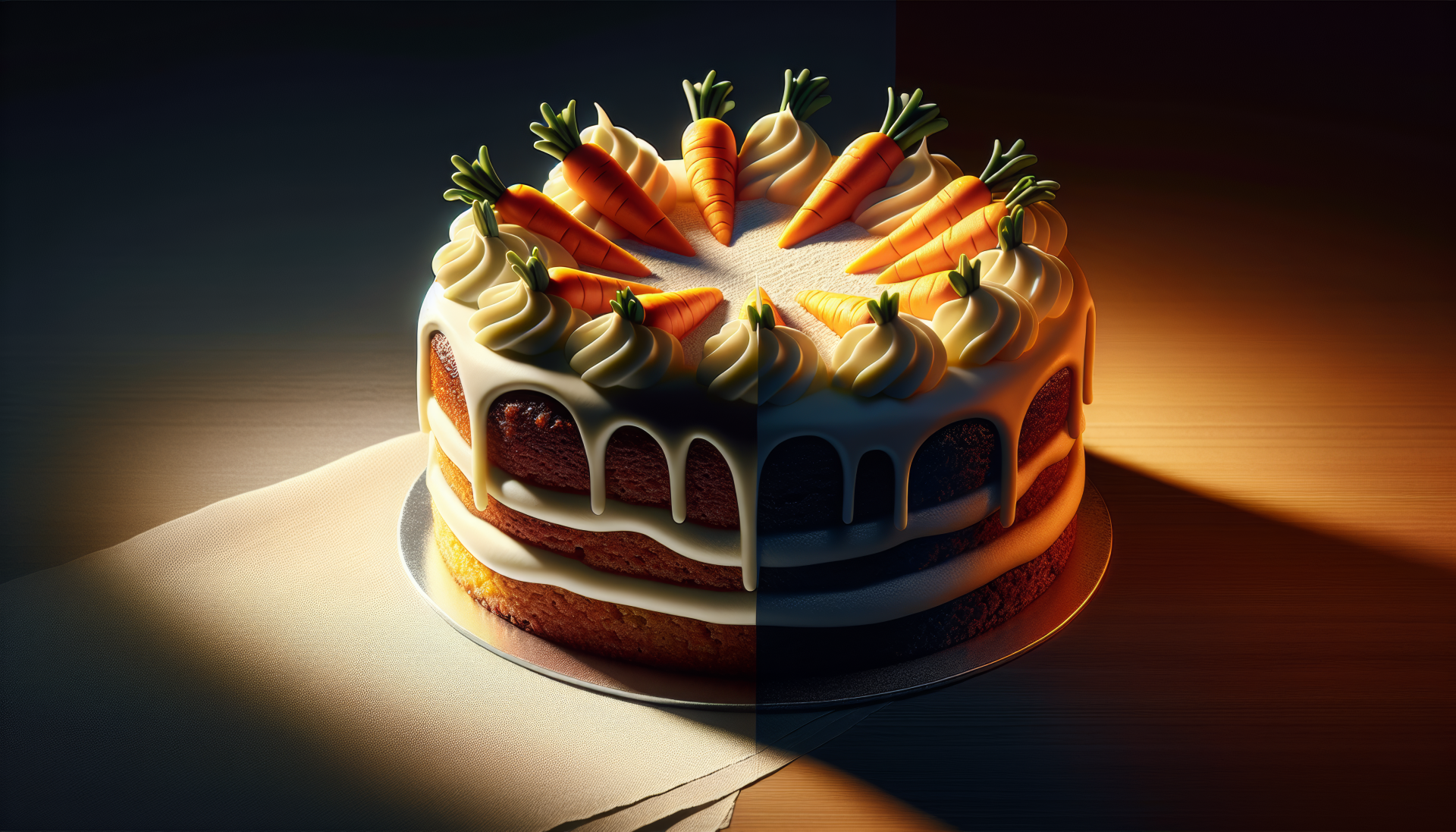 A beautifully decorated carrot cake, topped with cream and miniature carrots, illuminated dramatically, serves as an enticing high-definition desktop wallpaper.