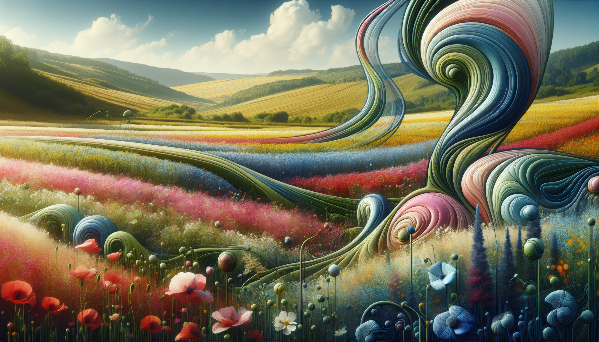 A vibrant field of flowers bursts with color, featuring swirling patterns against a backdrop of rolling hills and a bright sky, creating a stunning HD desktop wallpaper.