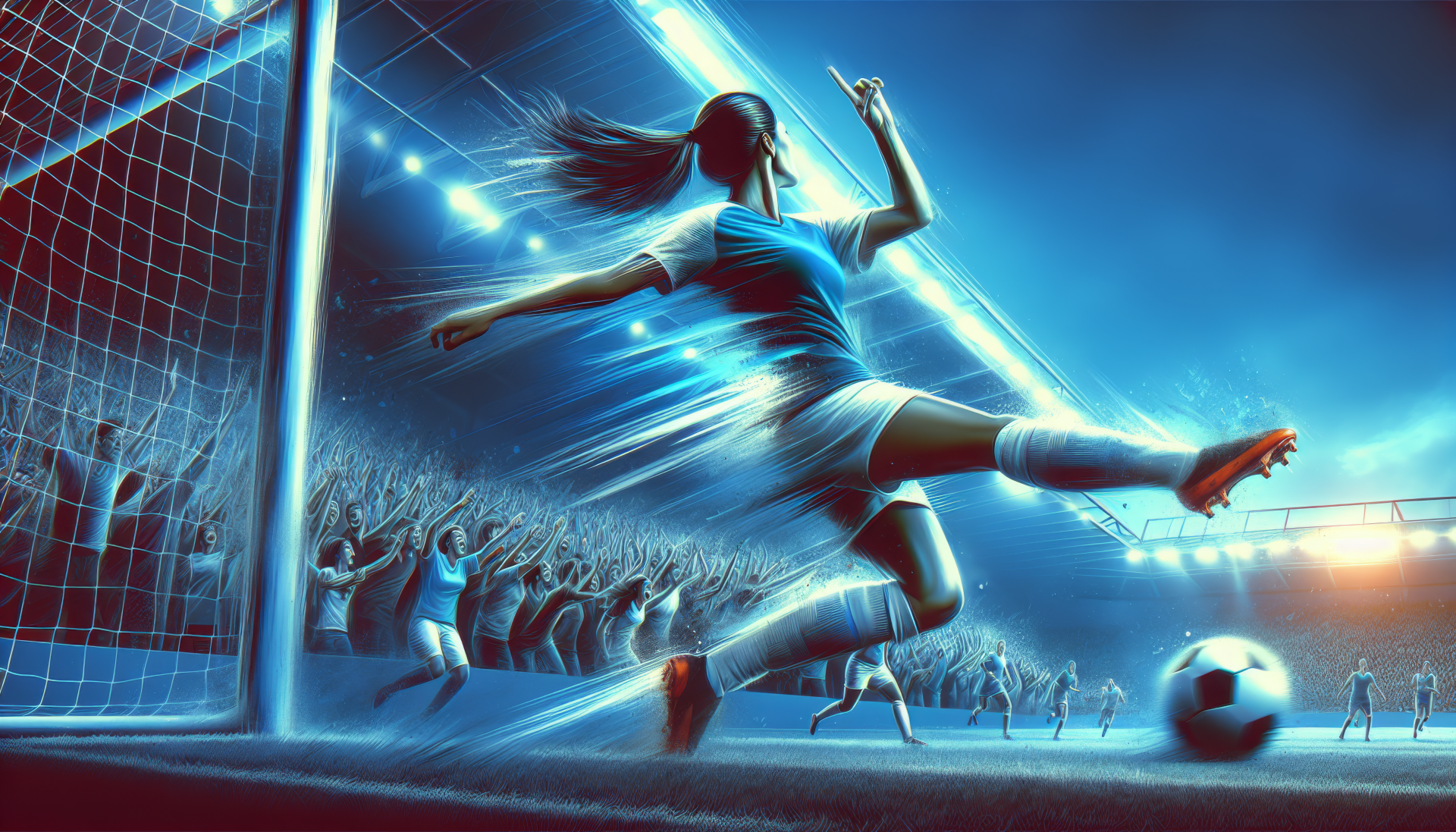 High-definition desktop wallpaper featuring an animated female soccer player scoring a goal in a dynamic and colorful stadium setting.