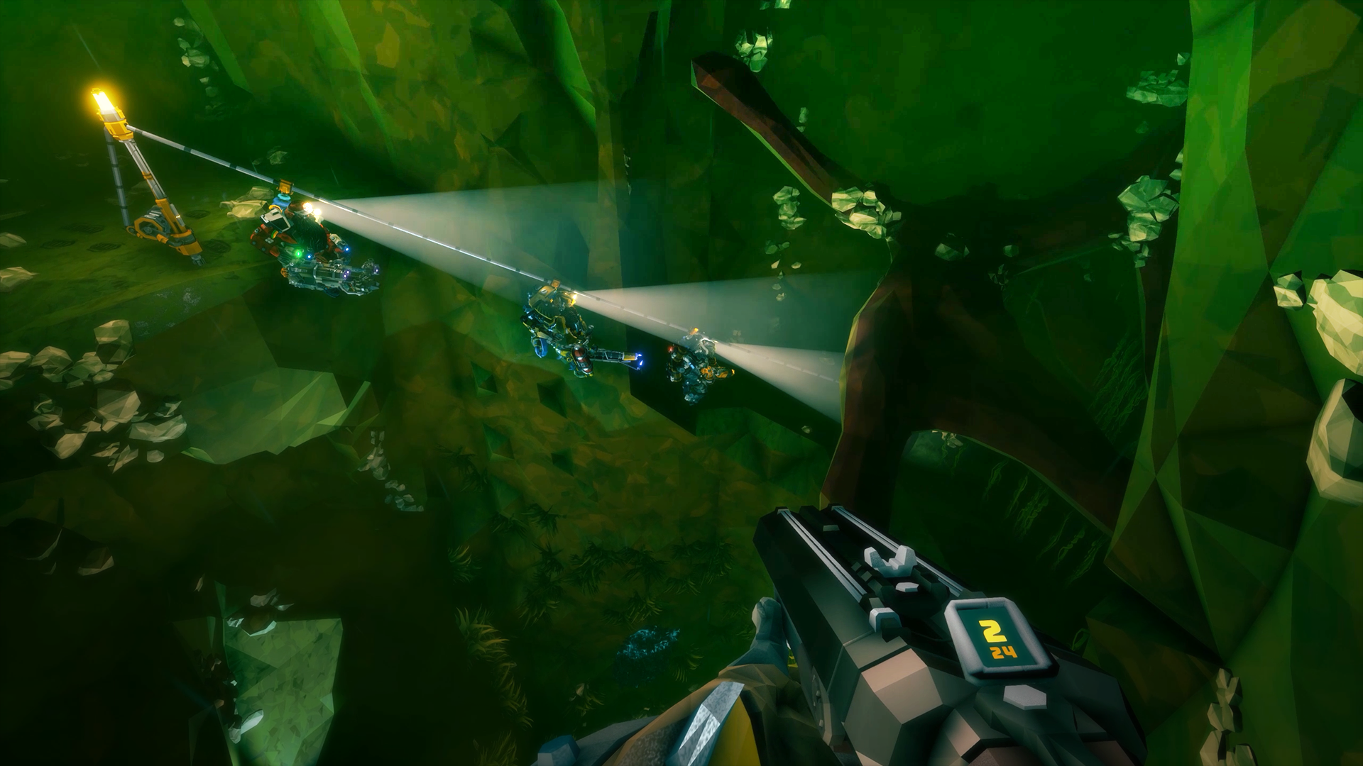 HD Desktop wallpaper featuring a first-person view from the game Deep Rock Galactic: Survivor with a focus on an in-game weapon and illuminated cave environment.