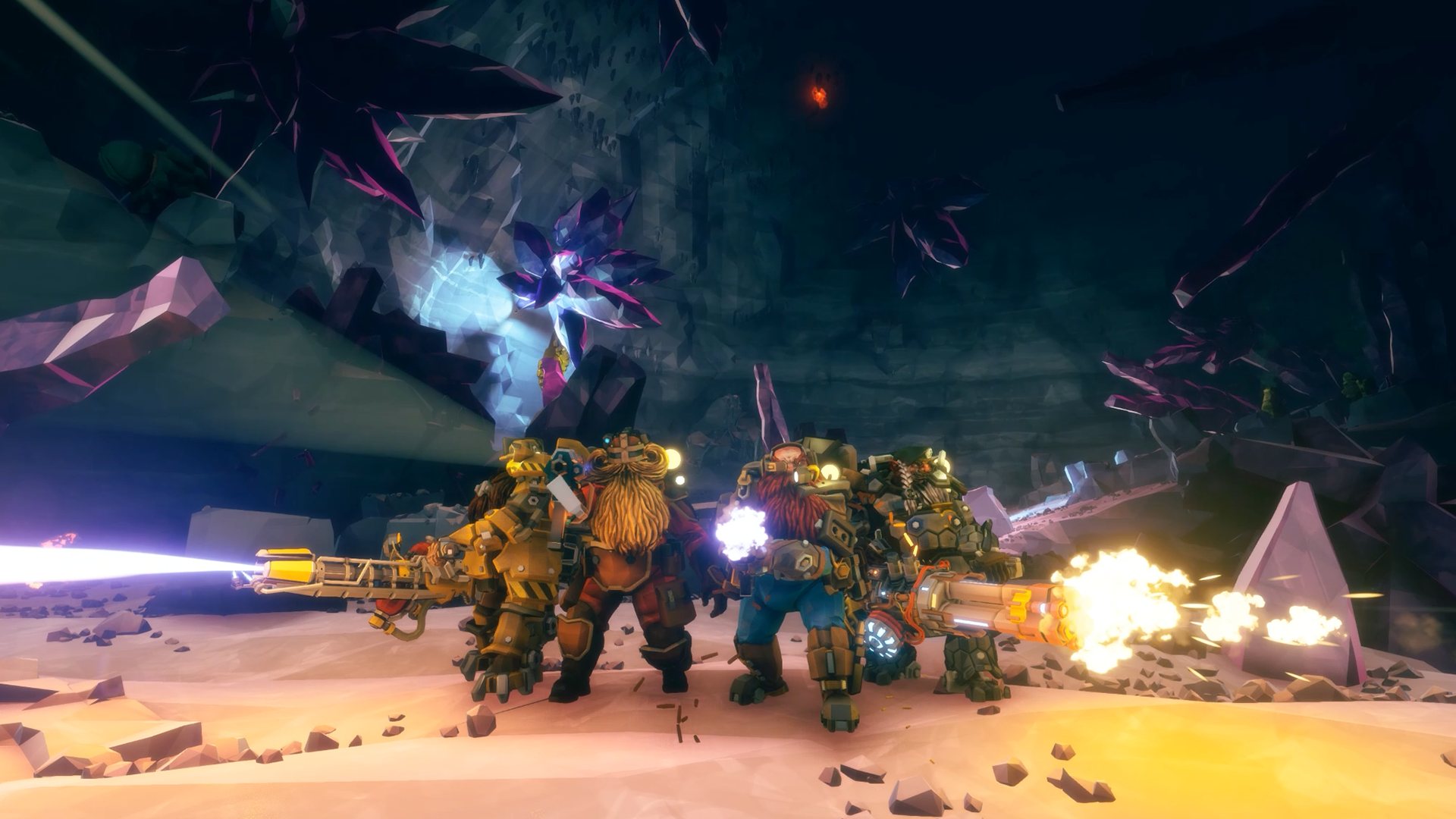 HD Deep Rock Galactic: Survivor wallpaper featuring a team of dwarven miners in armored suits exploring a luminous cave with crystals and firing weapons.