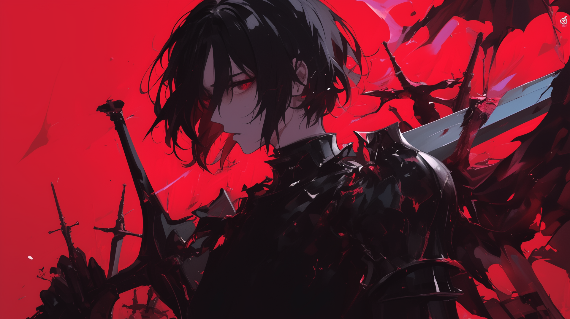 A striking dark anime wallpaper featuring a figure in black armor with swords, set against a vivid red background, creating a dramatic and intense atmosphere.