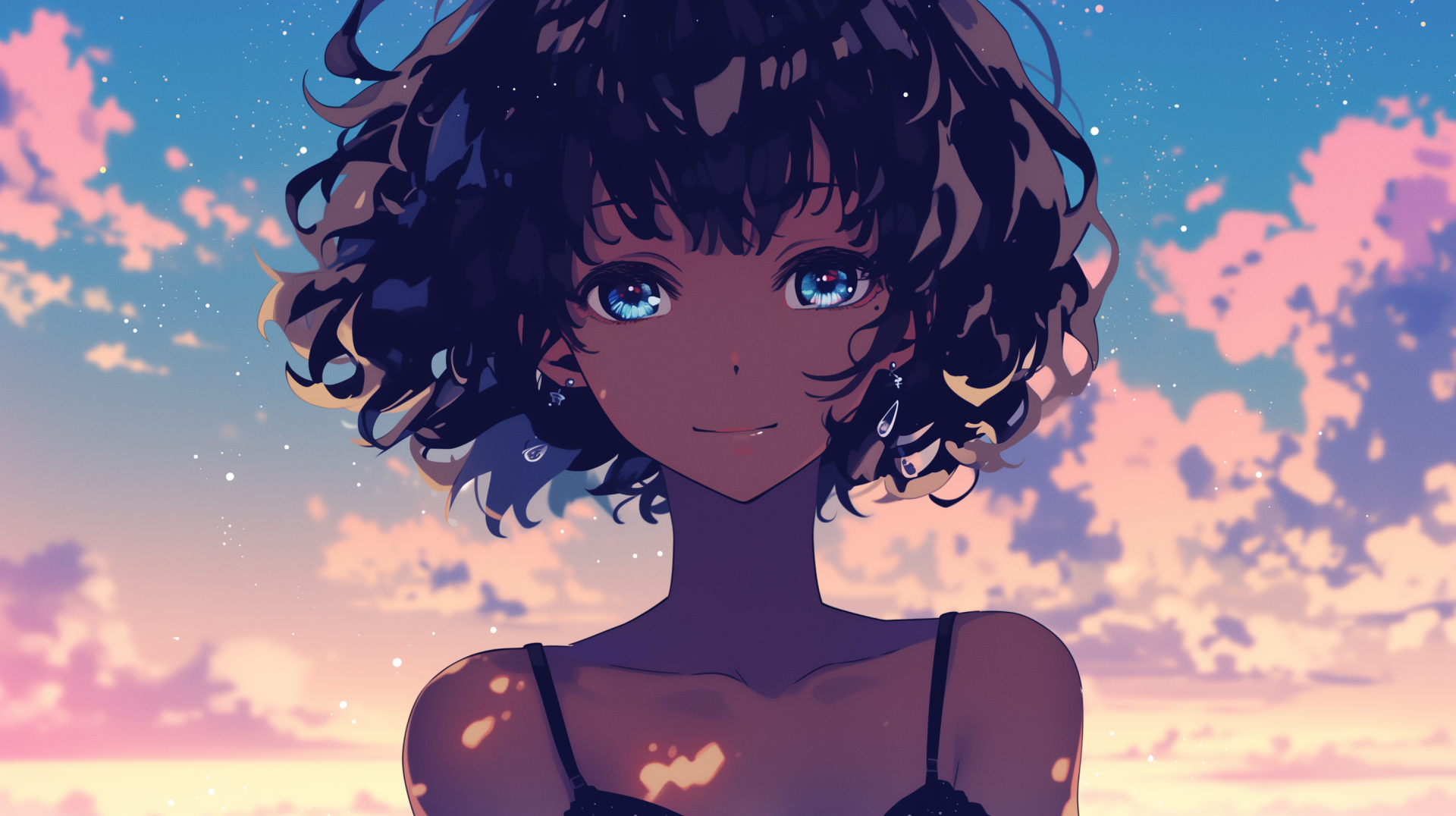 HD desktop wallpaper featuring a black anime girl with curly hair and striking blue eyes against a vibrant sky backdrop. A visually captivating anime-themed background.