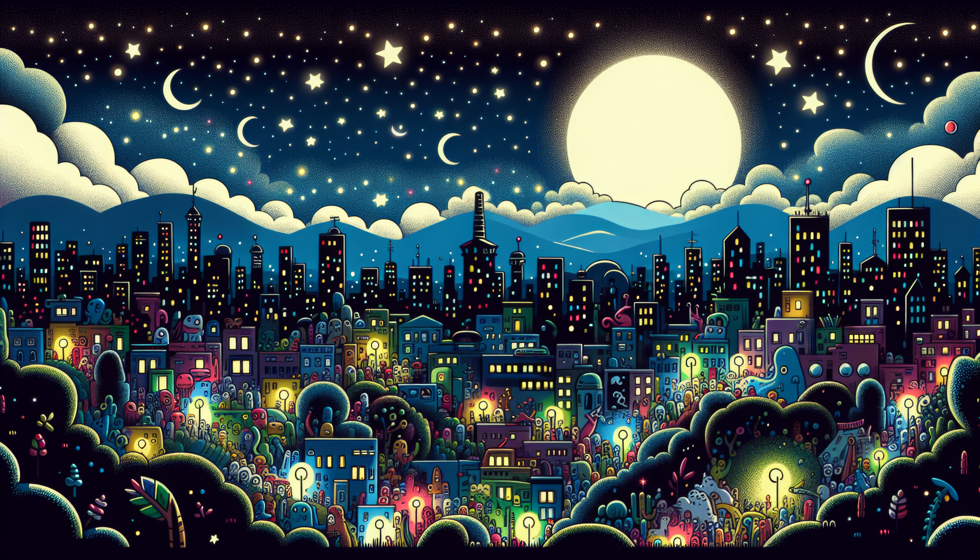 Colorful illustrated night view cityscape HD desktop wallpaper with full moon and stars