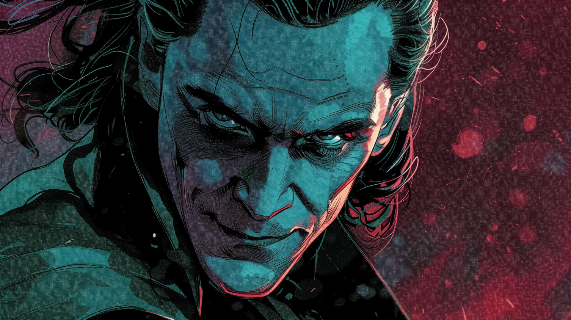 HD desktop wallpaper featuring an artistic illustration of Loki from Marvel Comics with a mischievous grin against a red and blue background.