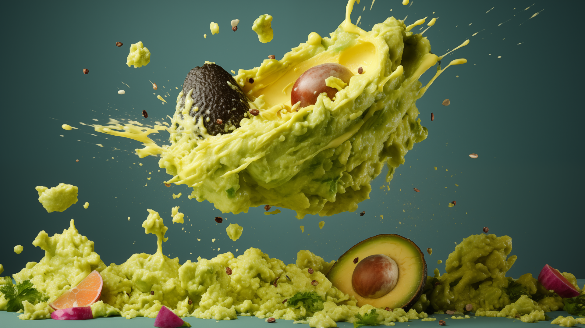 A vibrant HD wallpaper featuring a splash of guacamole with avocados surrounded by colorful ingredients, creating a dynamic and appetizing food scene.