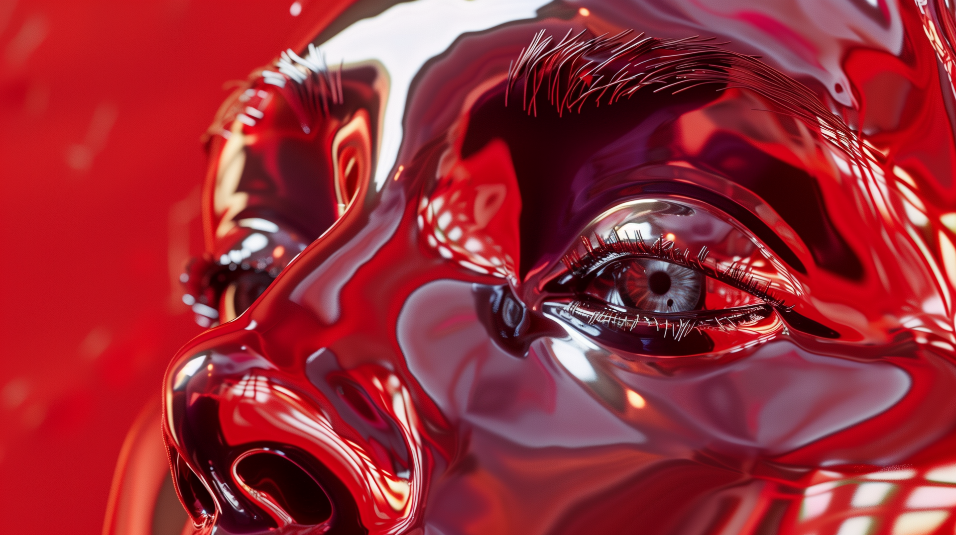 Abstract red aesthetic wallpaper featuring a woman's face with focus on eyes for HD desktop background.