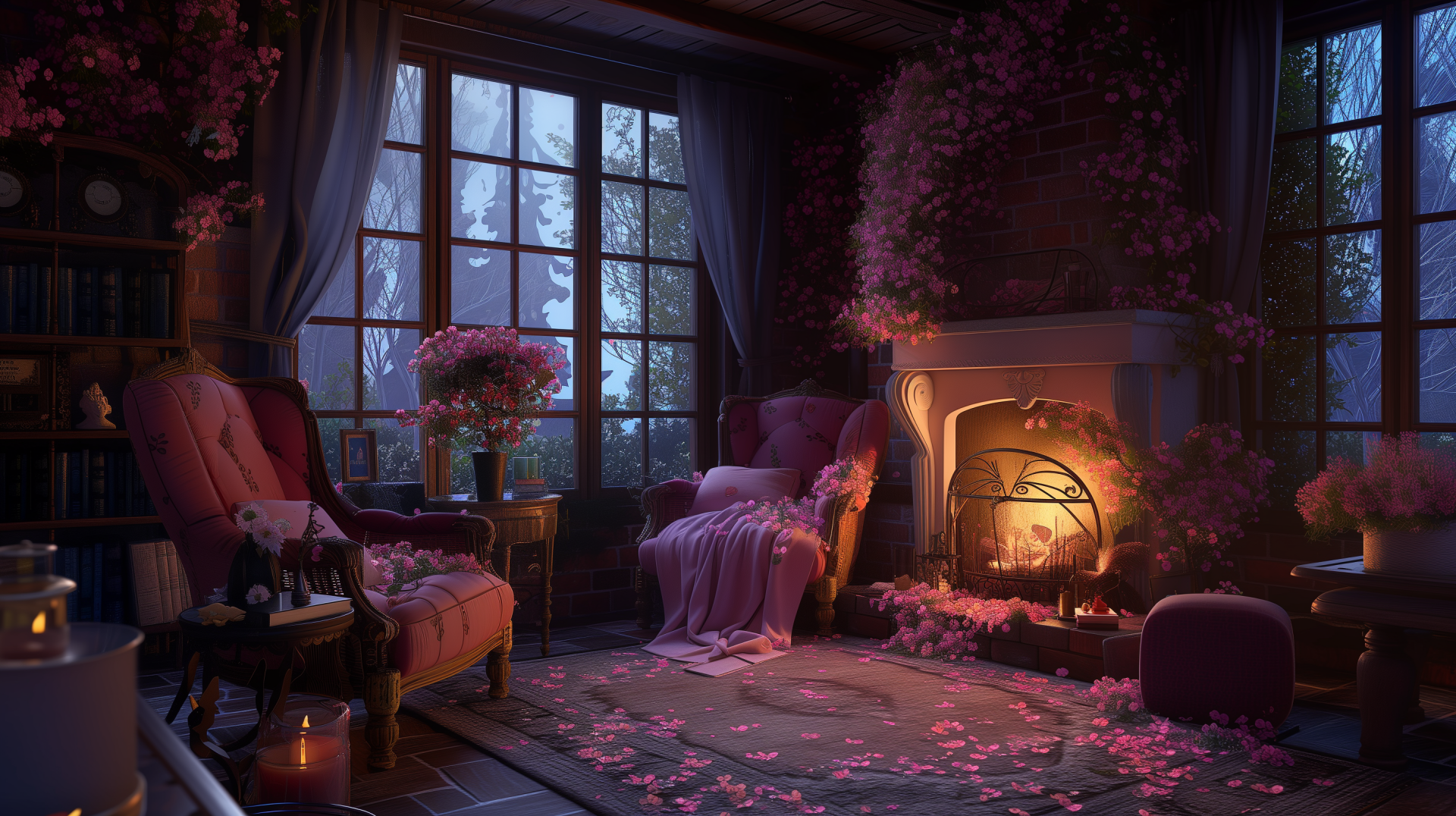 Cozy pink-themed interior room featuring a warm fireplace, pink floral decorations, and a comfortable armchair designed as a high-definition desktop wallpaper and background.