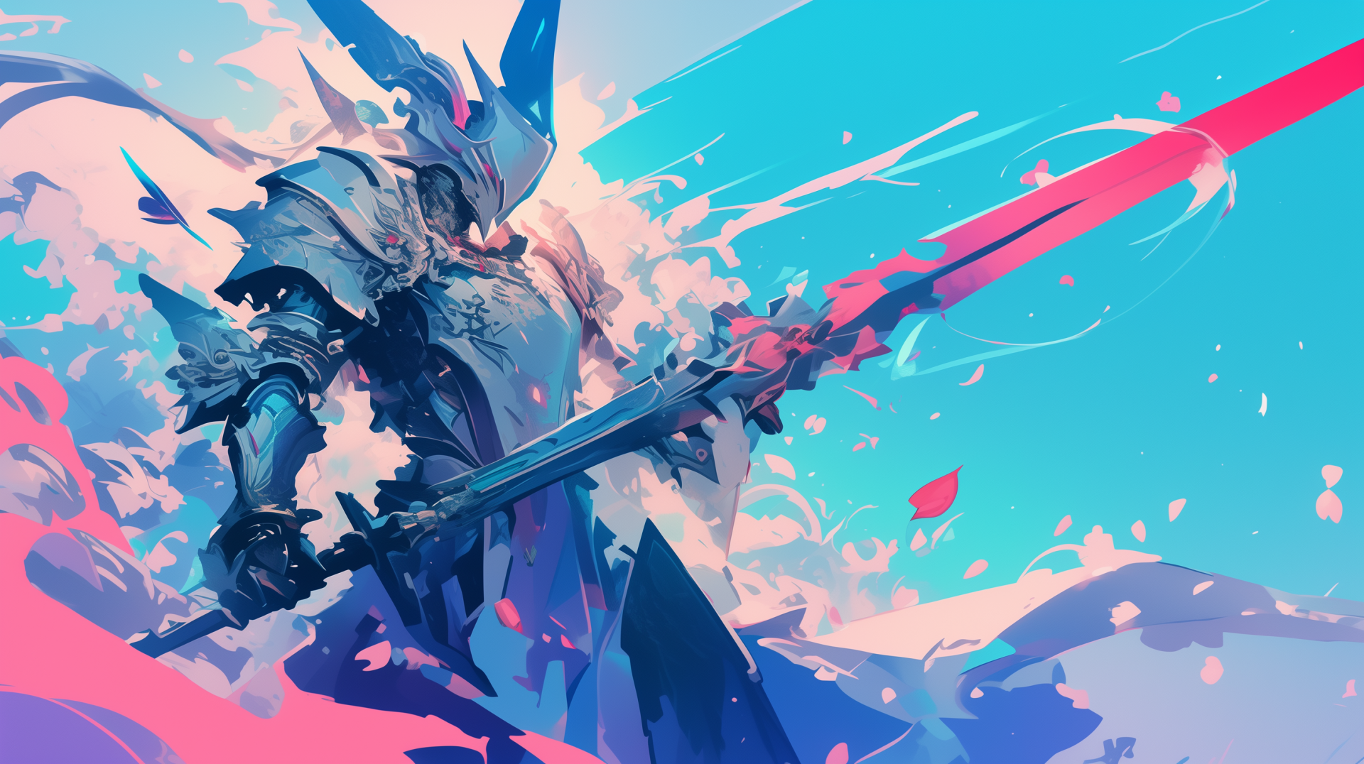 Fantasy knight HD wallpaper with a vibrant illustration of an armored warrior wielding a large sword amidst a colorful, abstract background.