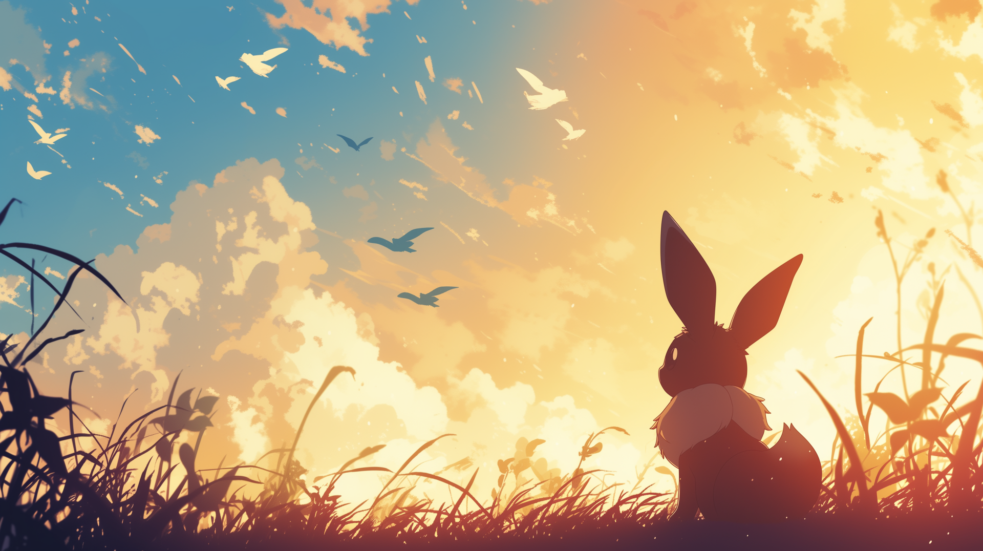 A serene HD wallpaper featuring Eevee, silhouetted against a vibrant sunset, with birds flying across a colorful sky and lush grass in the foreground.