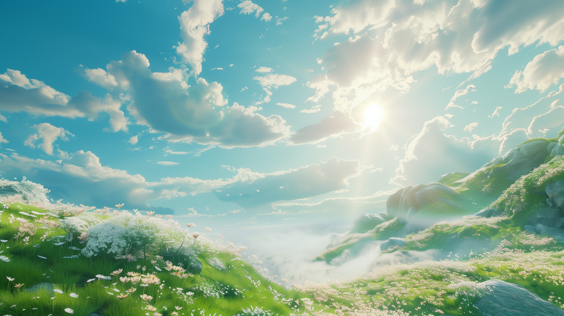 A serene sunny landscape featuring lush green hills and a bright sky filled with fluffy clouds, creating a peaceful and vibrant HD desktop wallpaper.