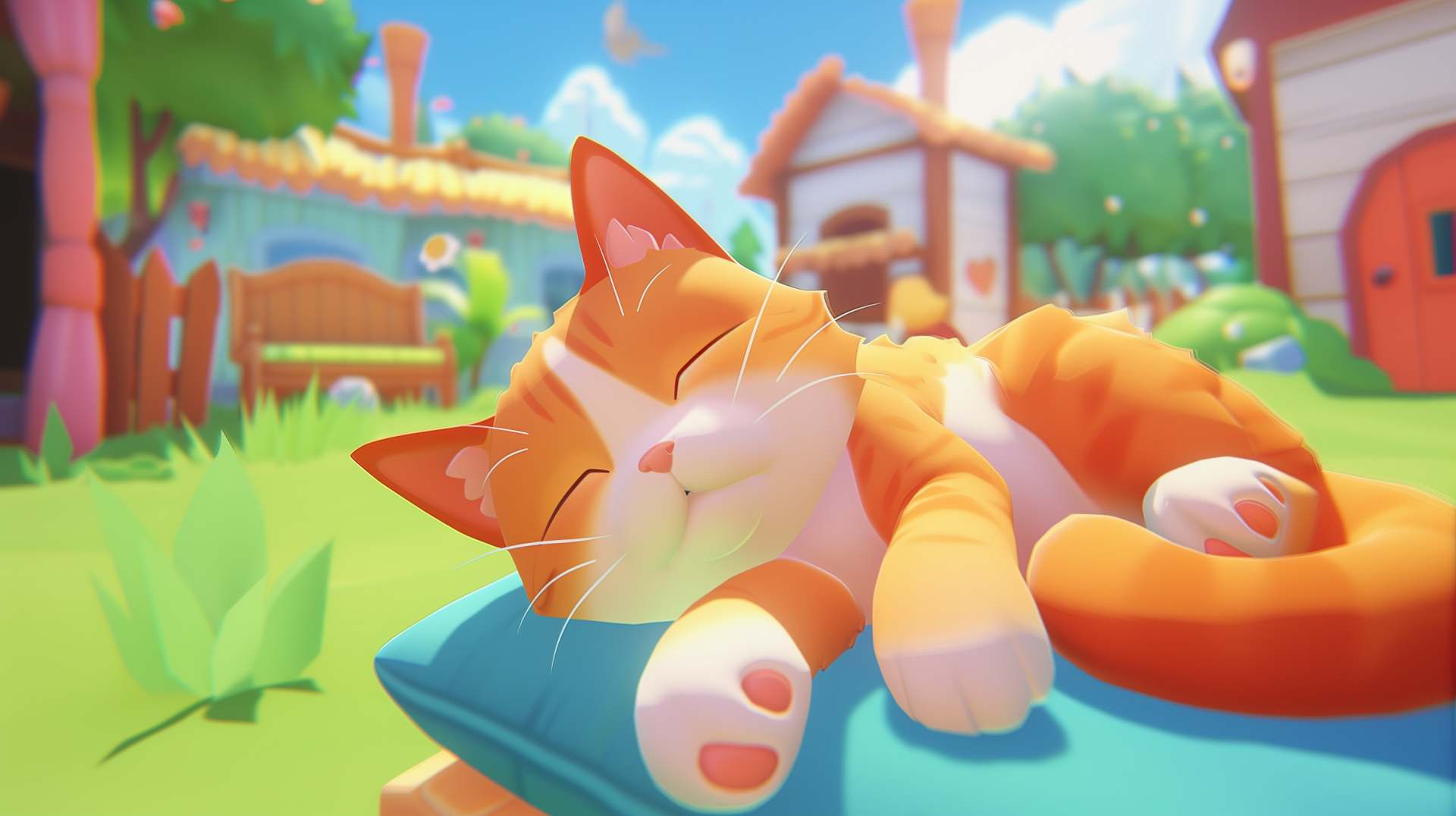 A charming orange cat peacefully sleeping on a cushion in a vibrant garden, surrounded by whimsical houses and greenery, creating a serene and cozy atmosphere.
