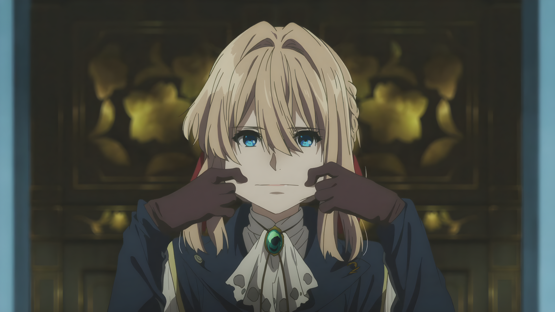 Violet Evergarden in detailed anime style with blonde hair and blue eyes, set against a dark, ornate background in this 4K Ultra HD PC desktop wallpaper.
