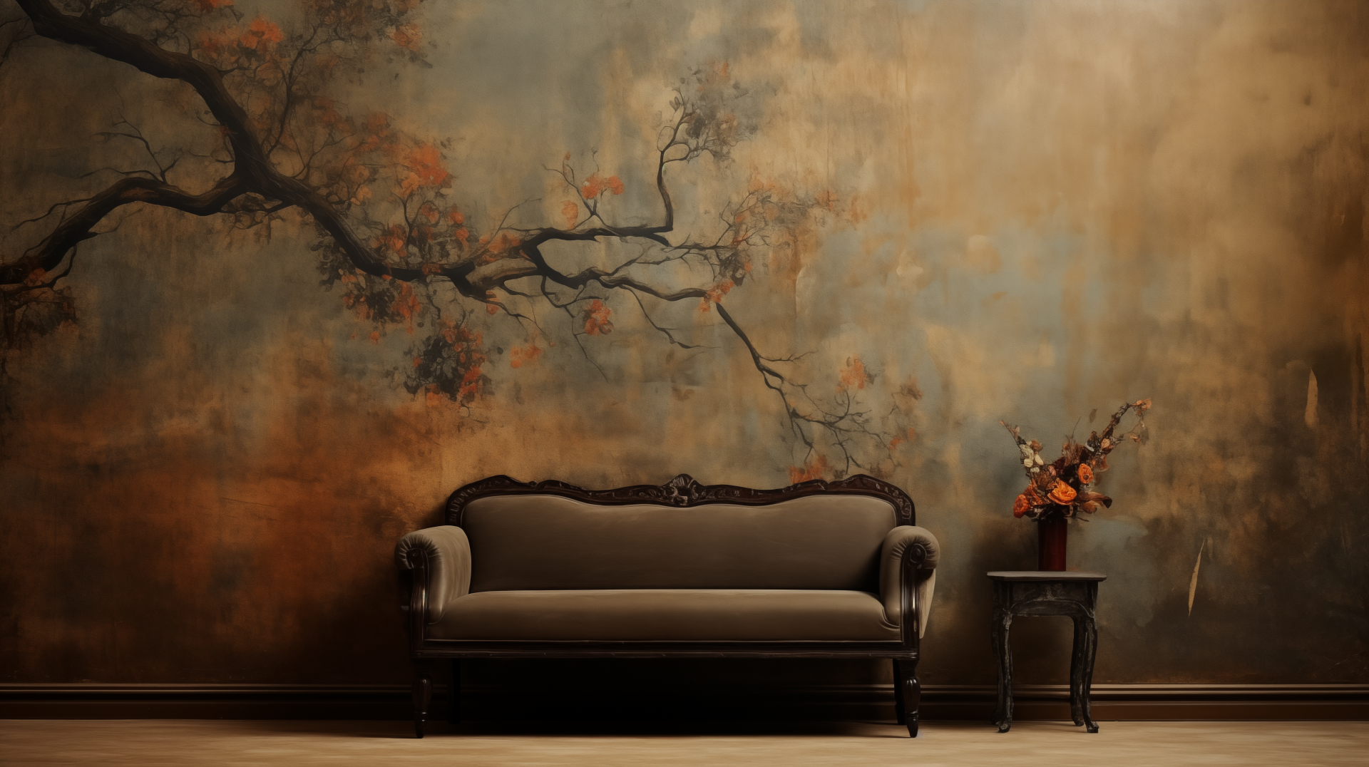 Elegant HD wallpaper featuring a vintage couch in a room with artistic tree mural and decorative vase on a side table.