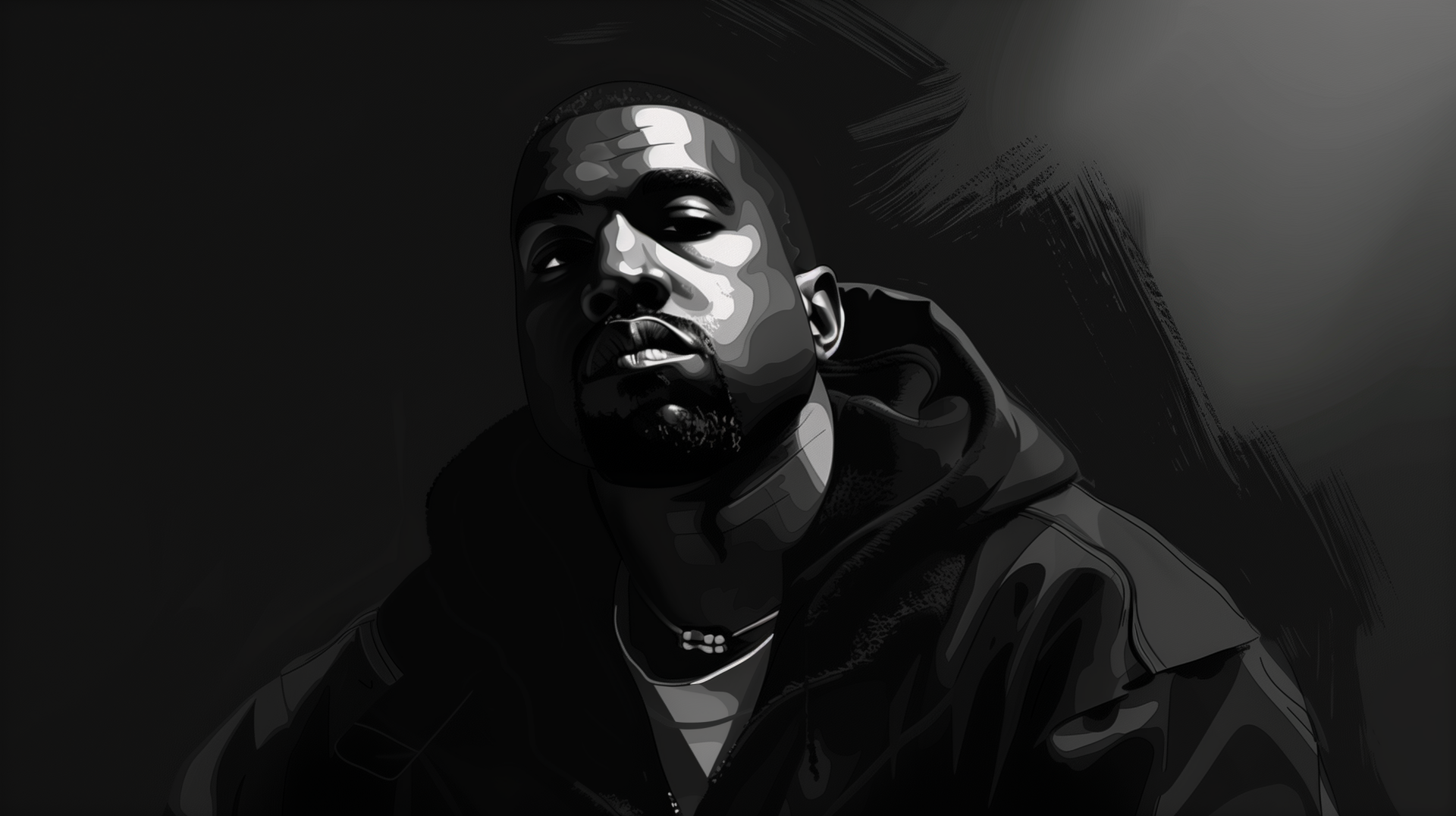 HD wallpaper featuring an artistic black and white illustration of an American singer and rapper against a dark background.