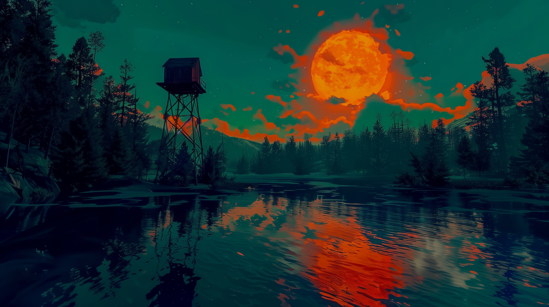 Firewatch game HD wallpaper featuring a stunning night scene with a glowing moon over a watchtower, reflecting in a tranquil forest lake.