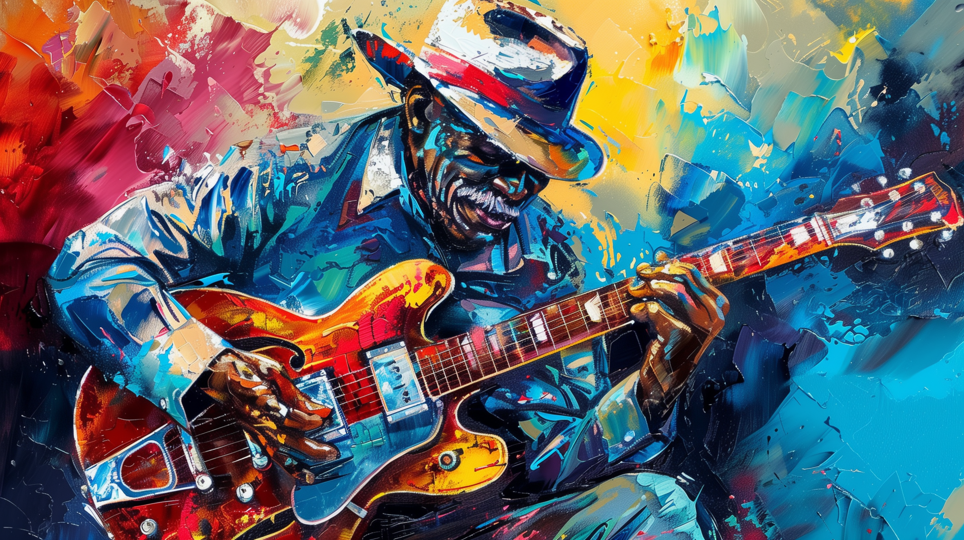 Colorful HD desktop wallpaper featuring vibrant blues music artwork with a guitarist playing a red electric guitar.